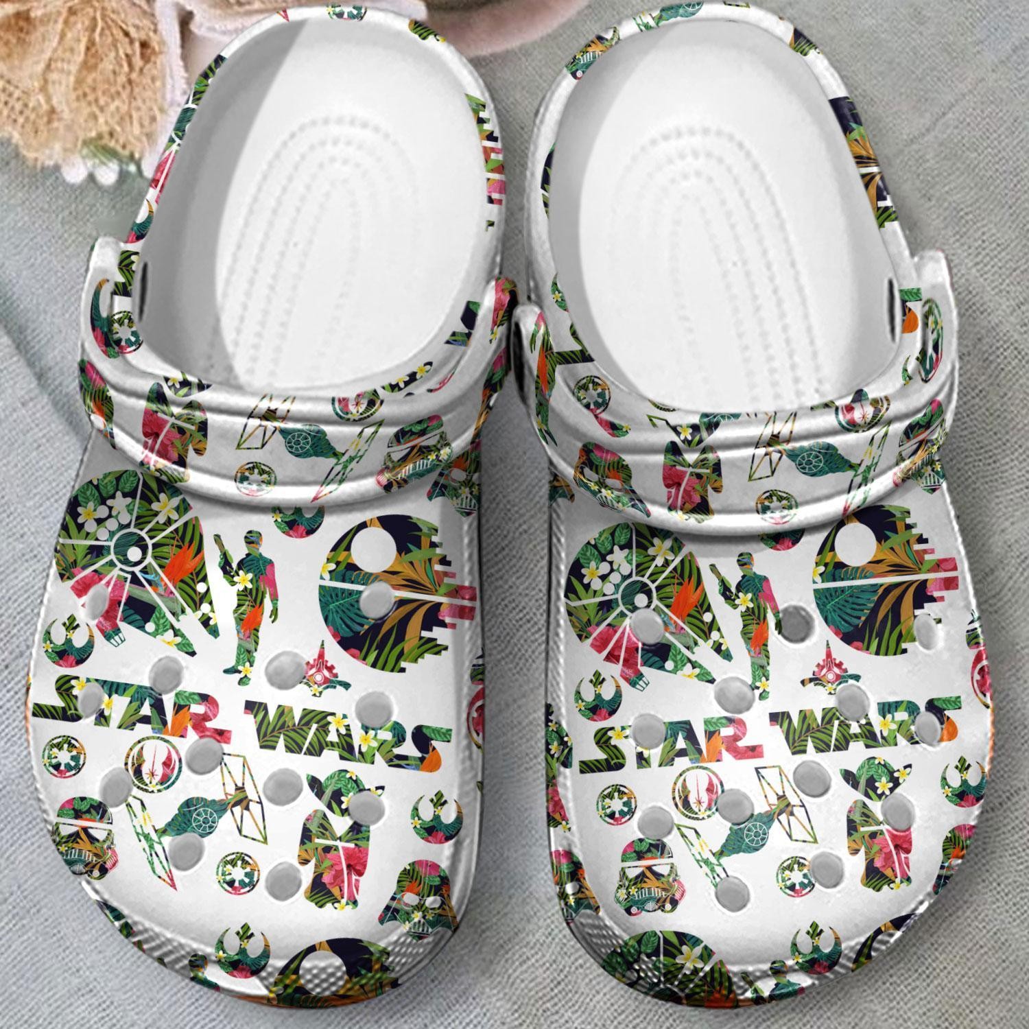 floral star wars shape unique and fancy design white clogs for kids and adults fast shipping kjoeb