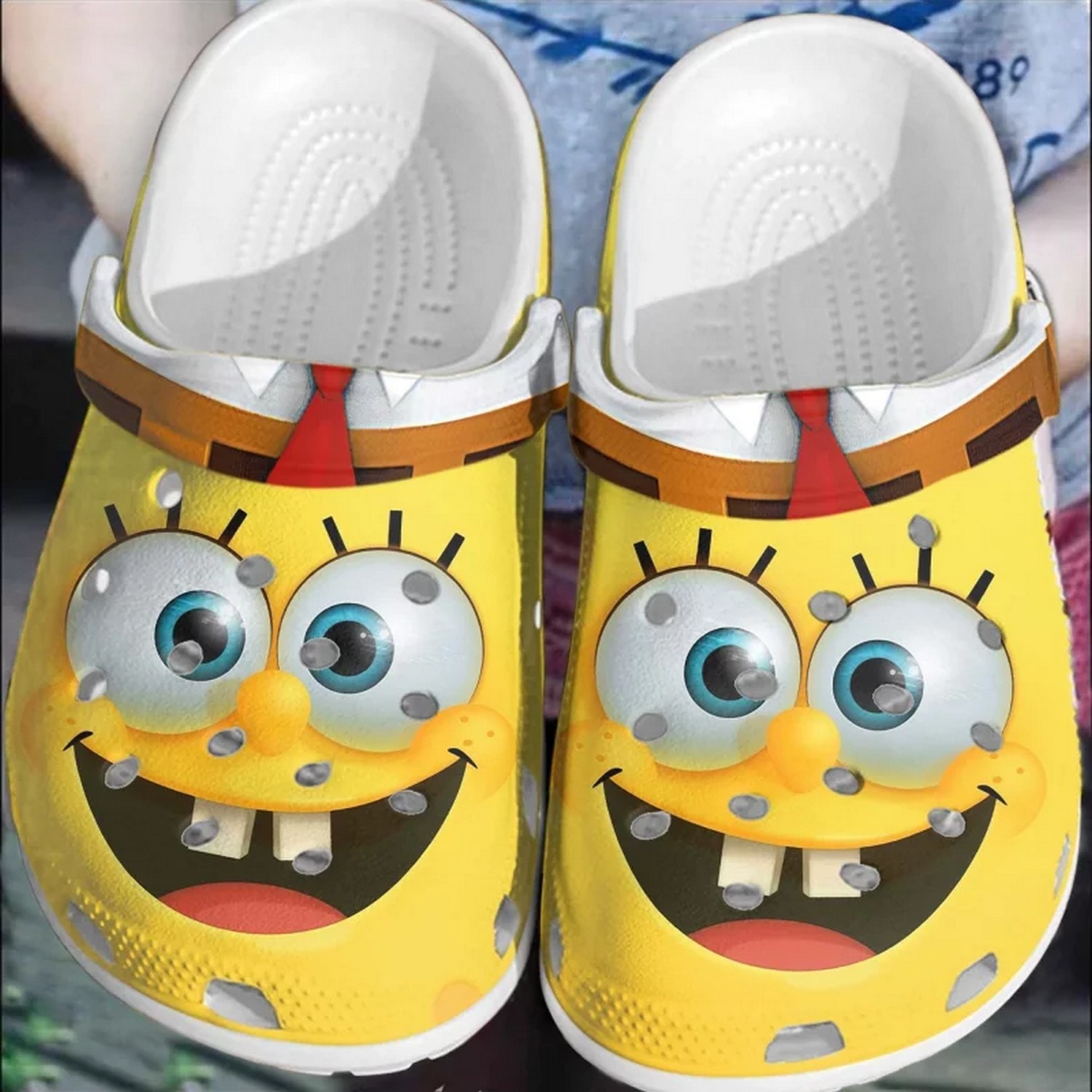 funny big eyes and mouth spongebob red tie yellow clogs for kids and adults pllpm
