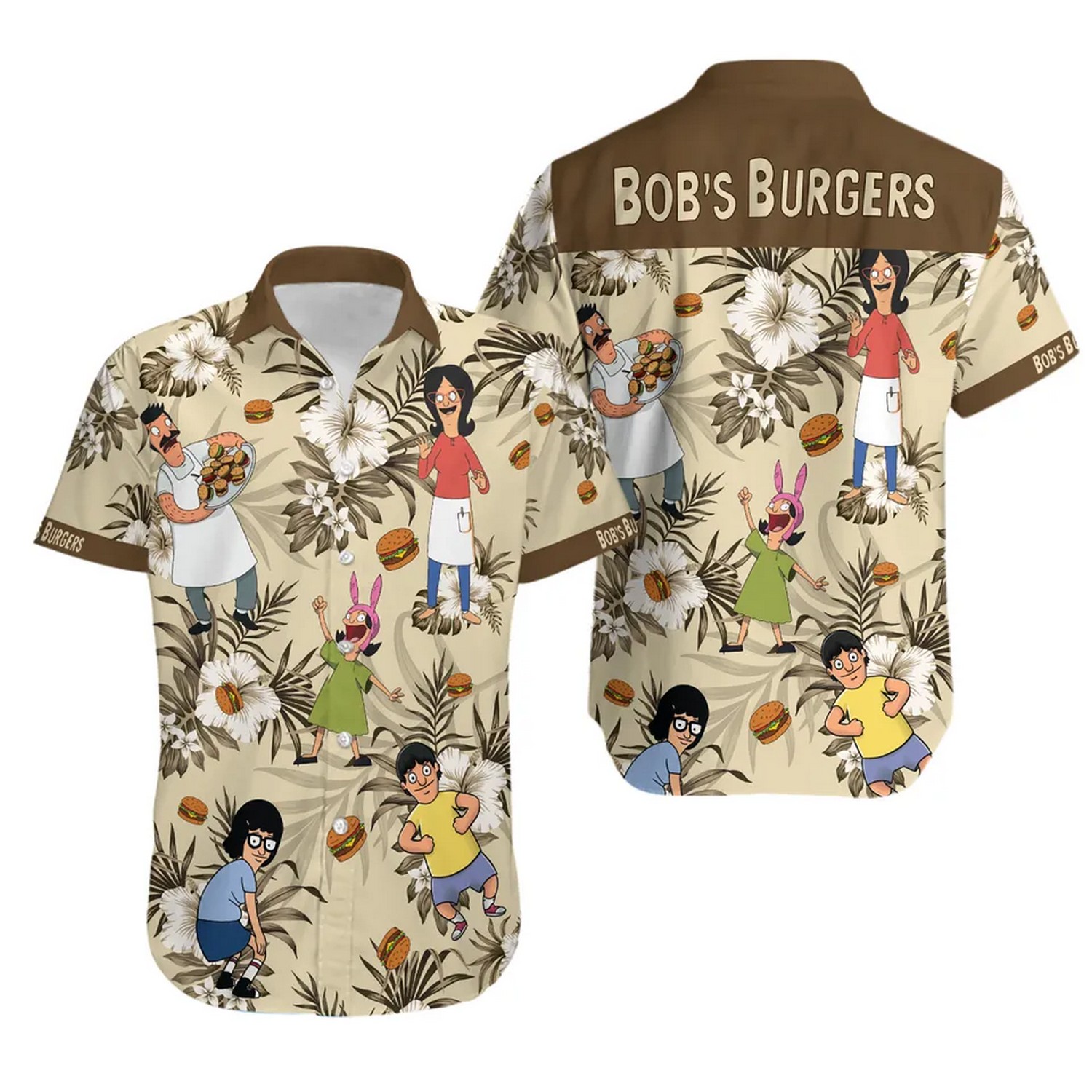funny bob burger floral begie hawaiian shirt nuvnb