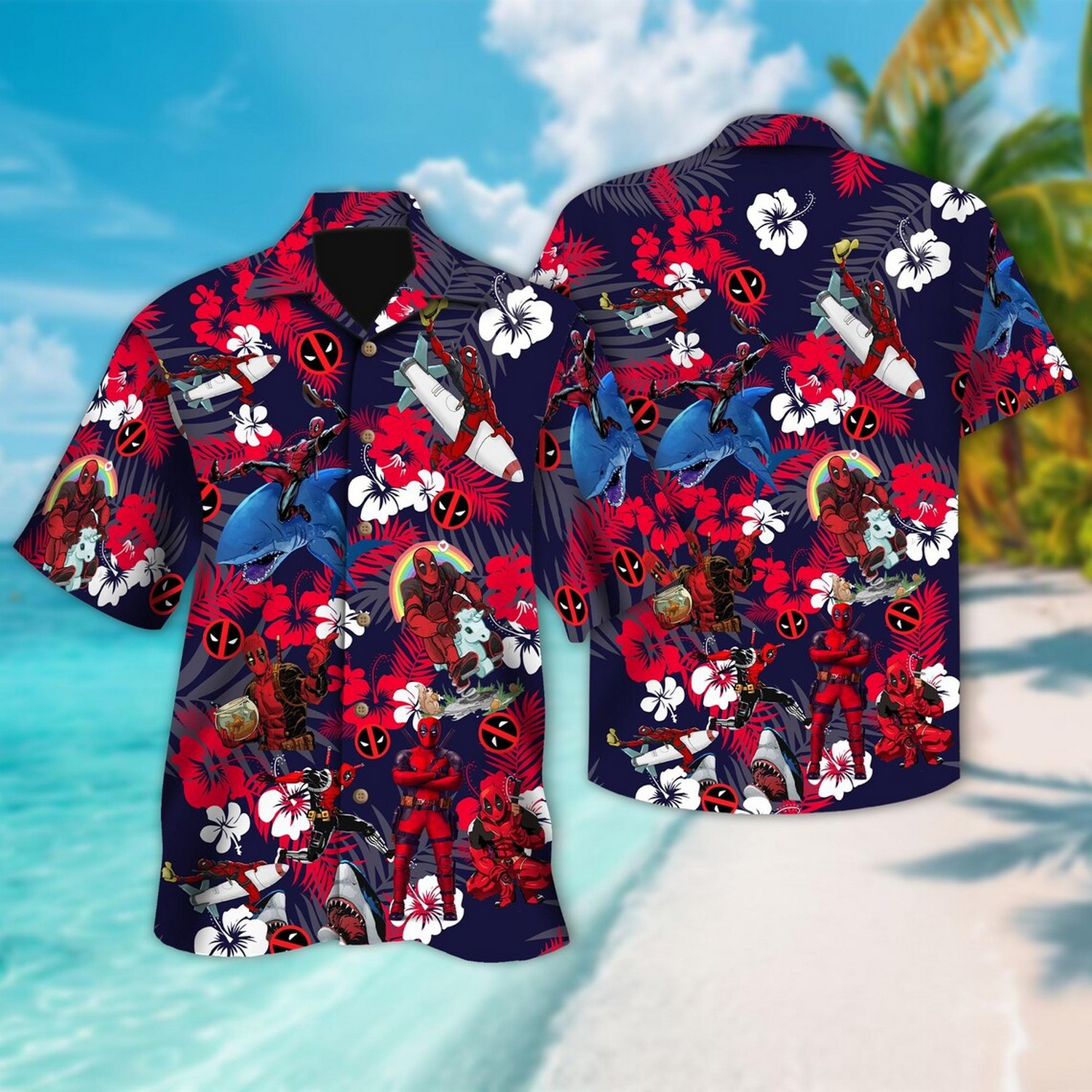 funny deadpool and spiderman tropical floral dark blue hawaiian shirt 0jdmi