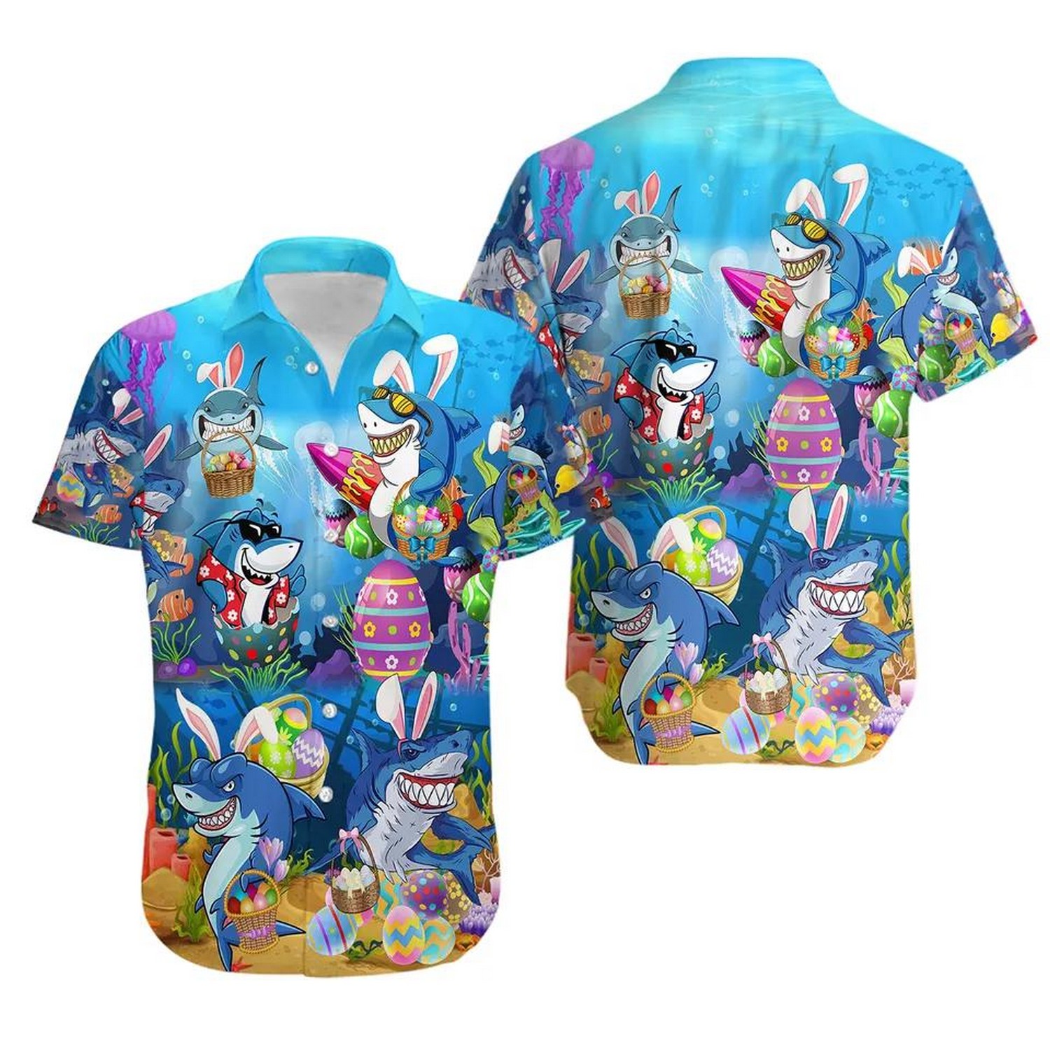 funny easter party shark hawaiian shirt pi4bp
