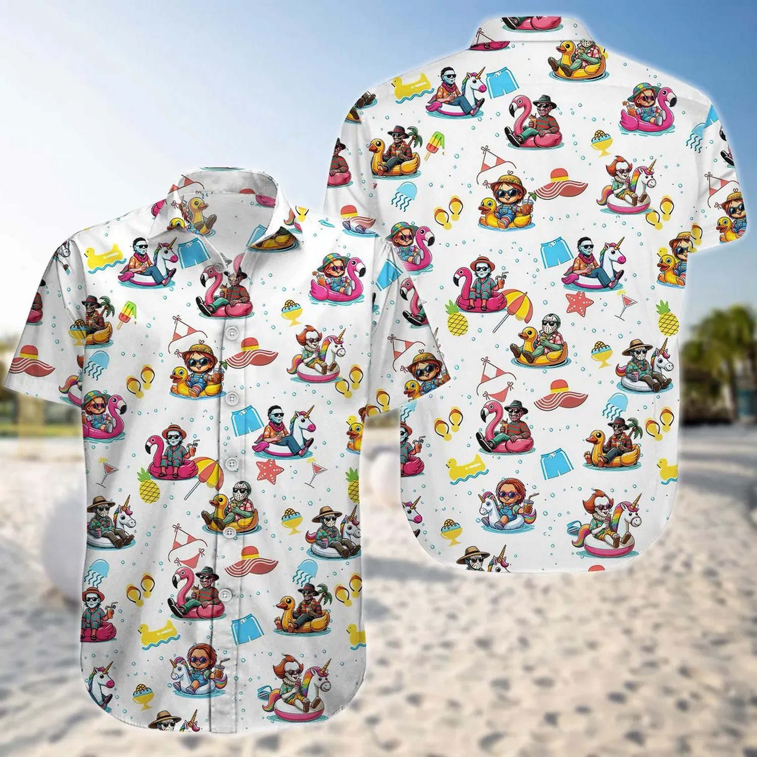 funny horror character pool party hawaiian shirt ddouh
