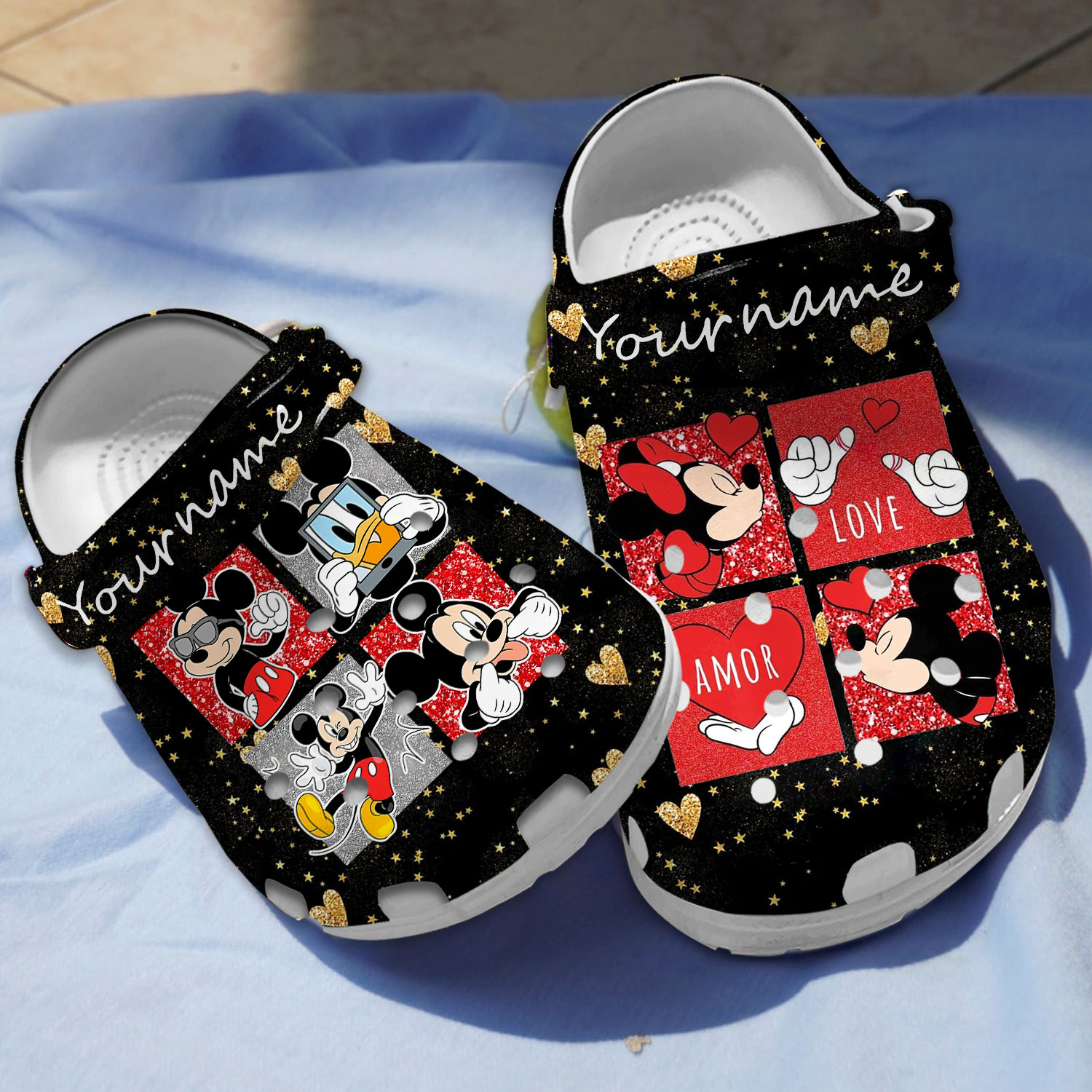 funny mickey and minnie love amor black glitter clogs 0v9n8