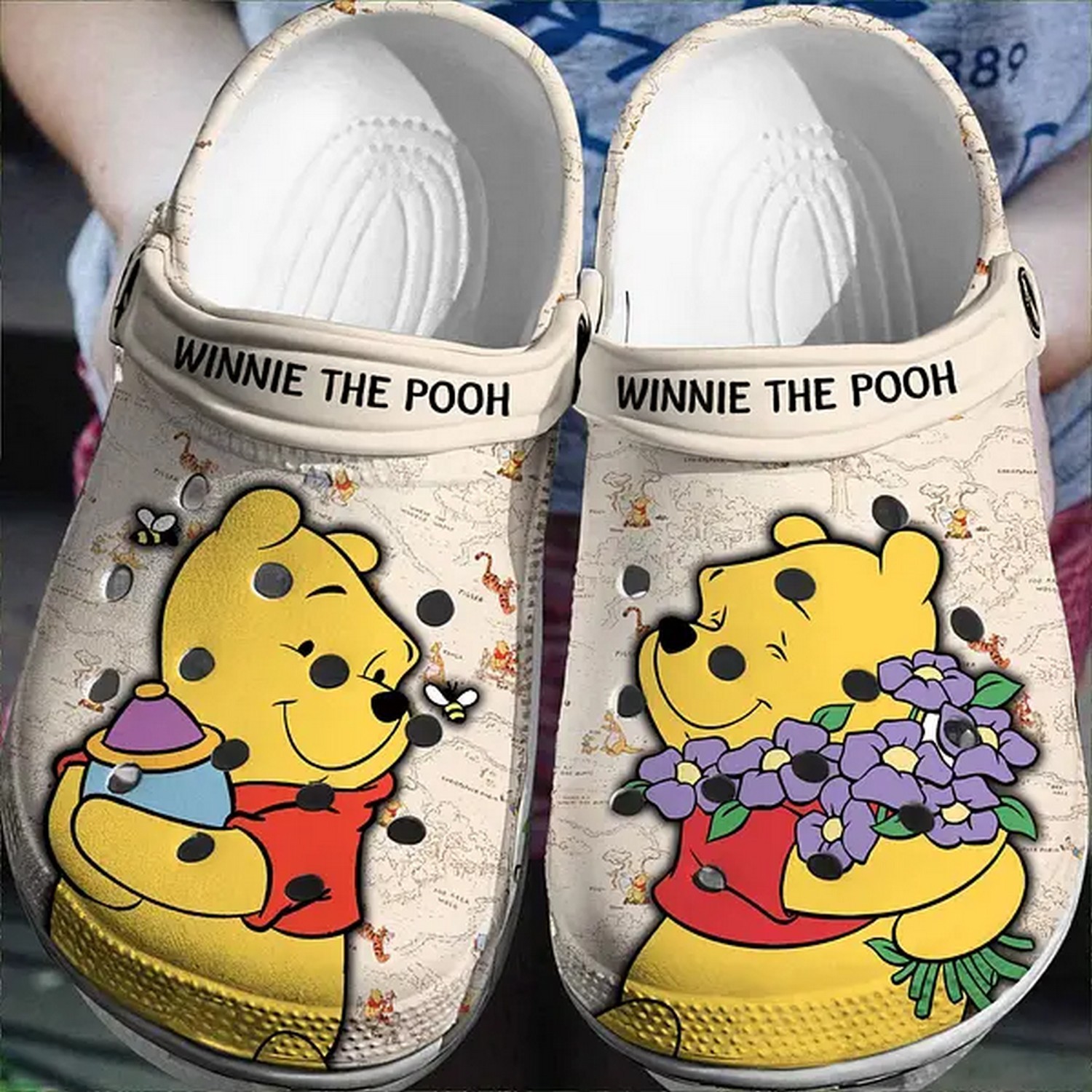 funny winnie the pooh with flower and honey light pink clogs for kids and adutls nqame