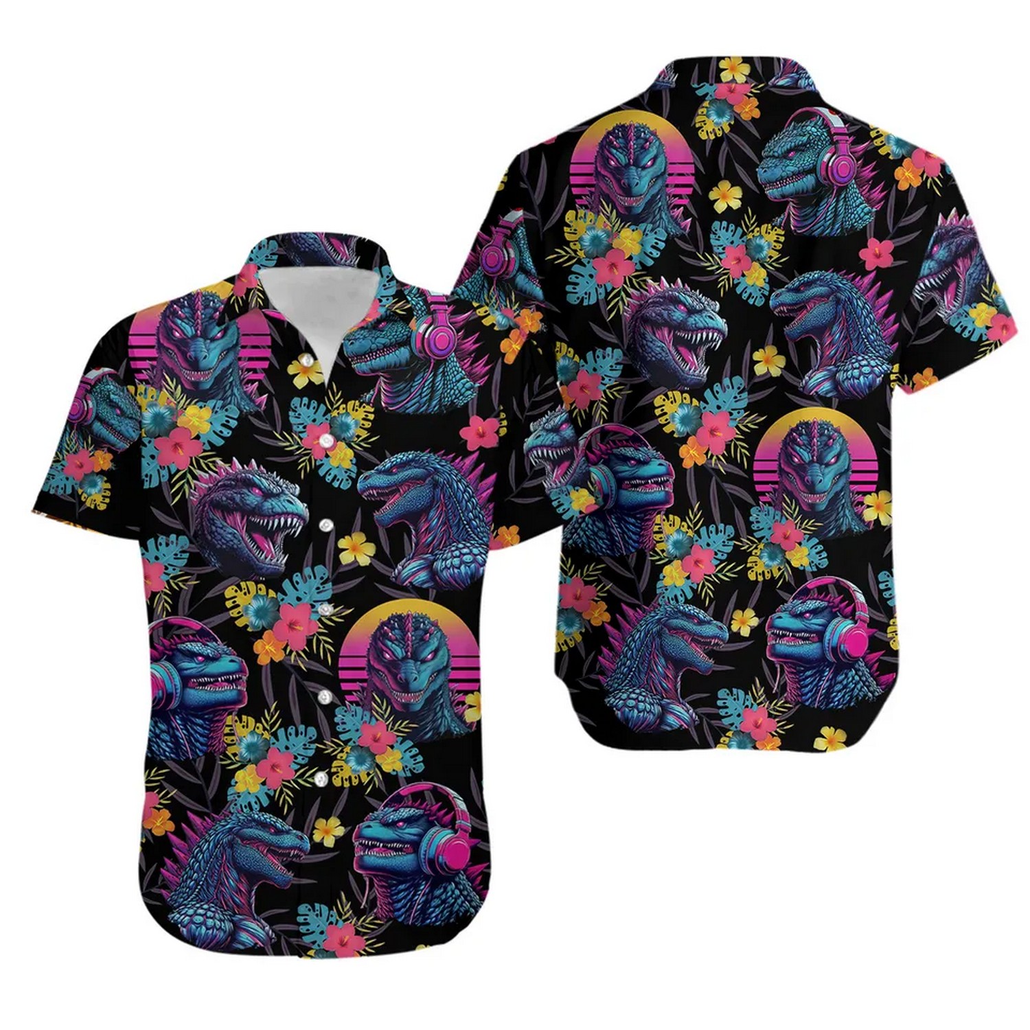 godzilla and tropical flower black hawaiian shirt qqnjb