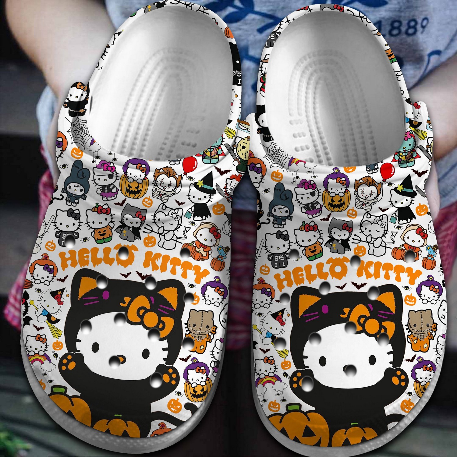 halloween hello kitty and pumkins white clogs for kids and adults i3uk0