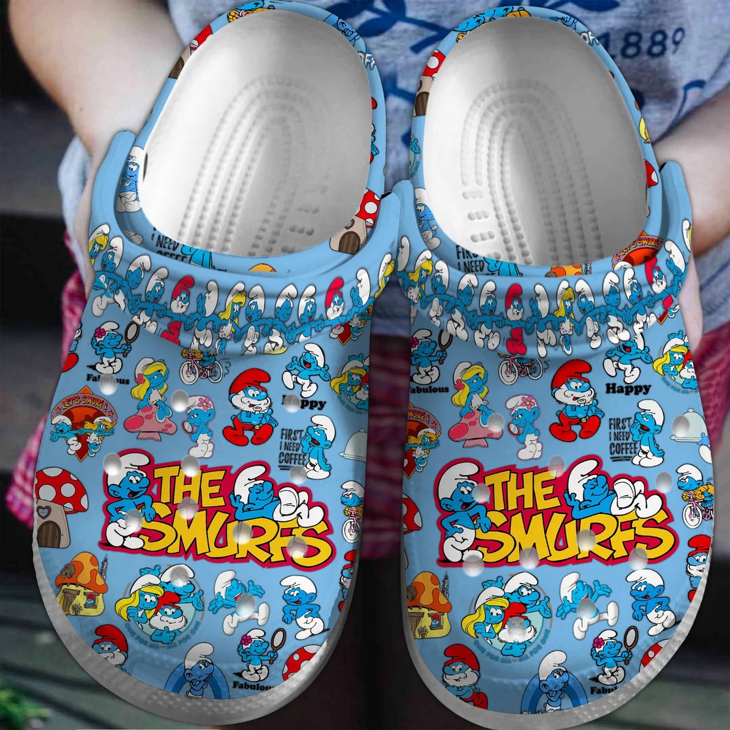 happy first i need coffee the smurfs blue clogs for kids and adults rziym
