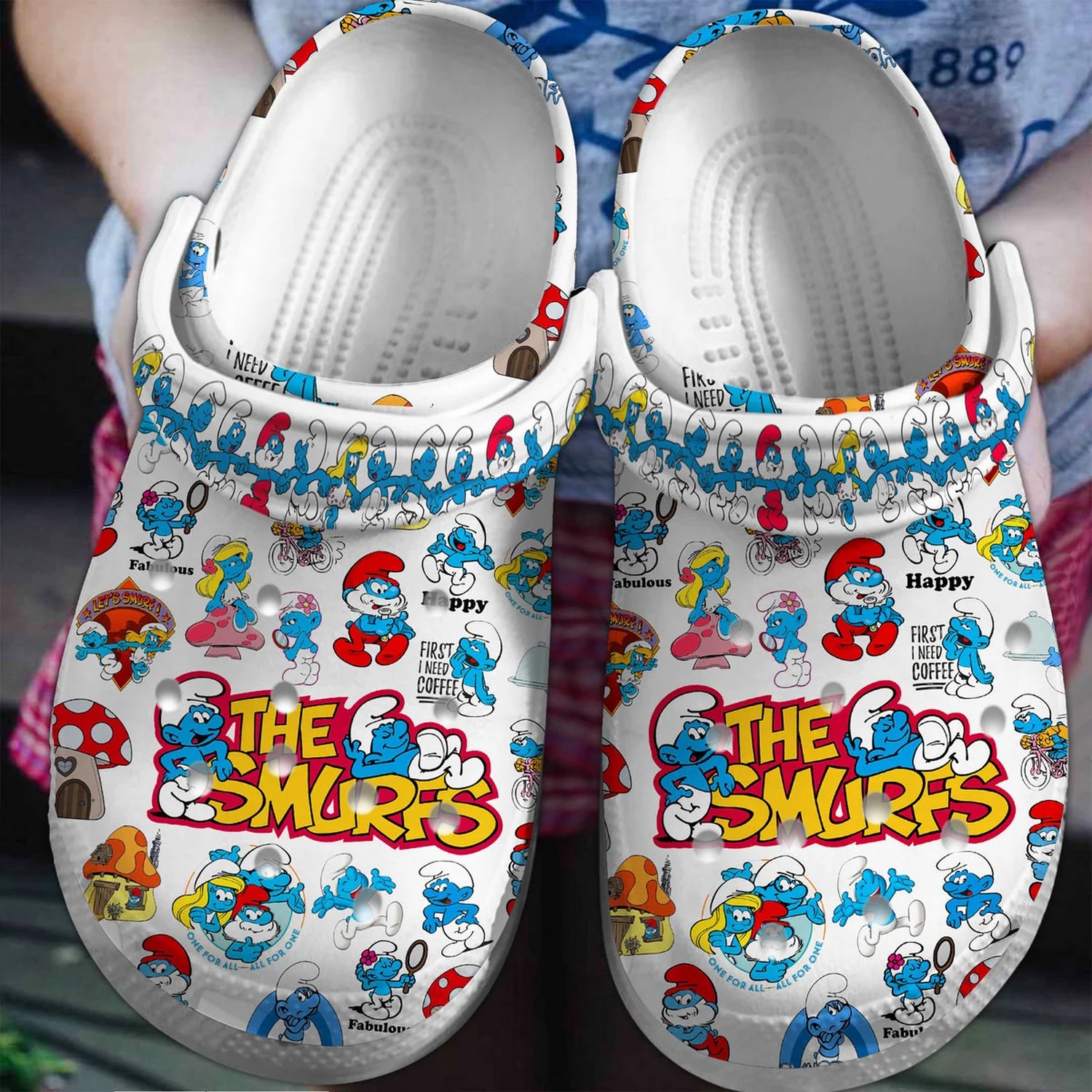 happy first i need coffee the smurfs white clogs for kids and adults 6glnf