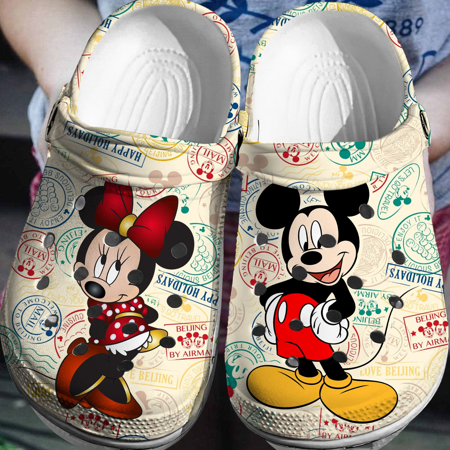 happy mickey and minie mouse with stamps clogs for kids 26 adults hndn0