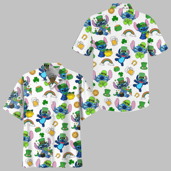 happy patricks day with cute stitch white hawaiian shirt qfj45