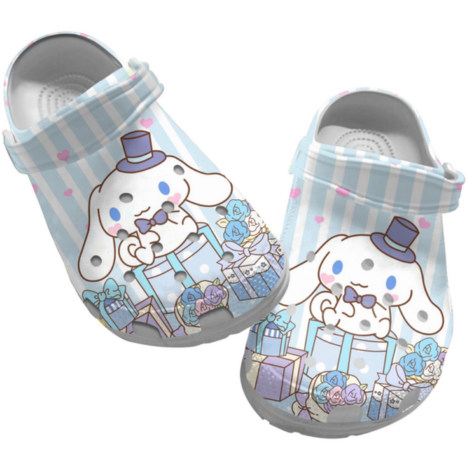 hello kitty cinnamoroll and gift boxes blue stripes clogs for kids and adults rnkeq