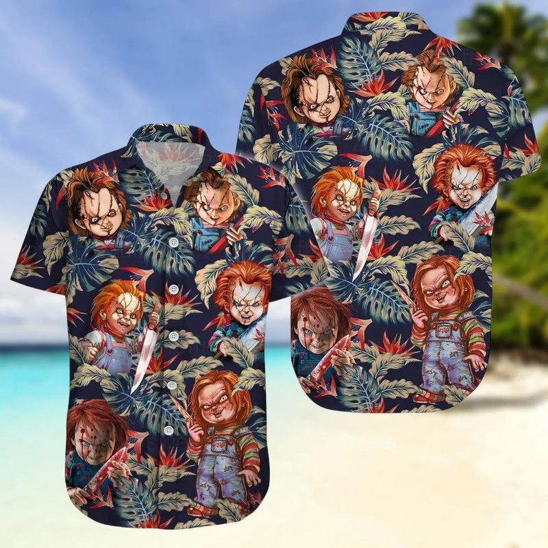 horror movie character chucky tropical leaf pattern hawaiian shirt t2rjw
