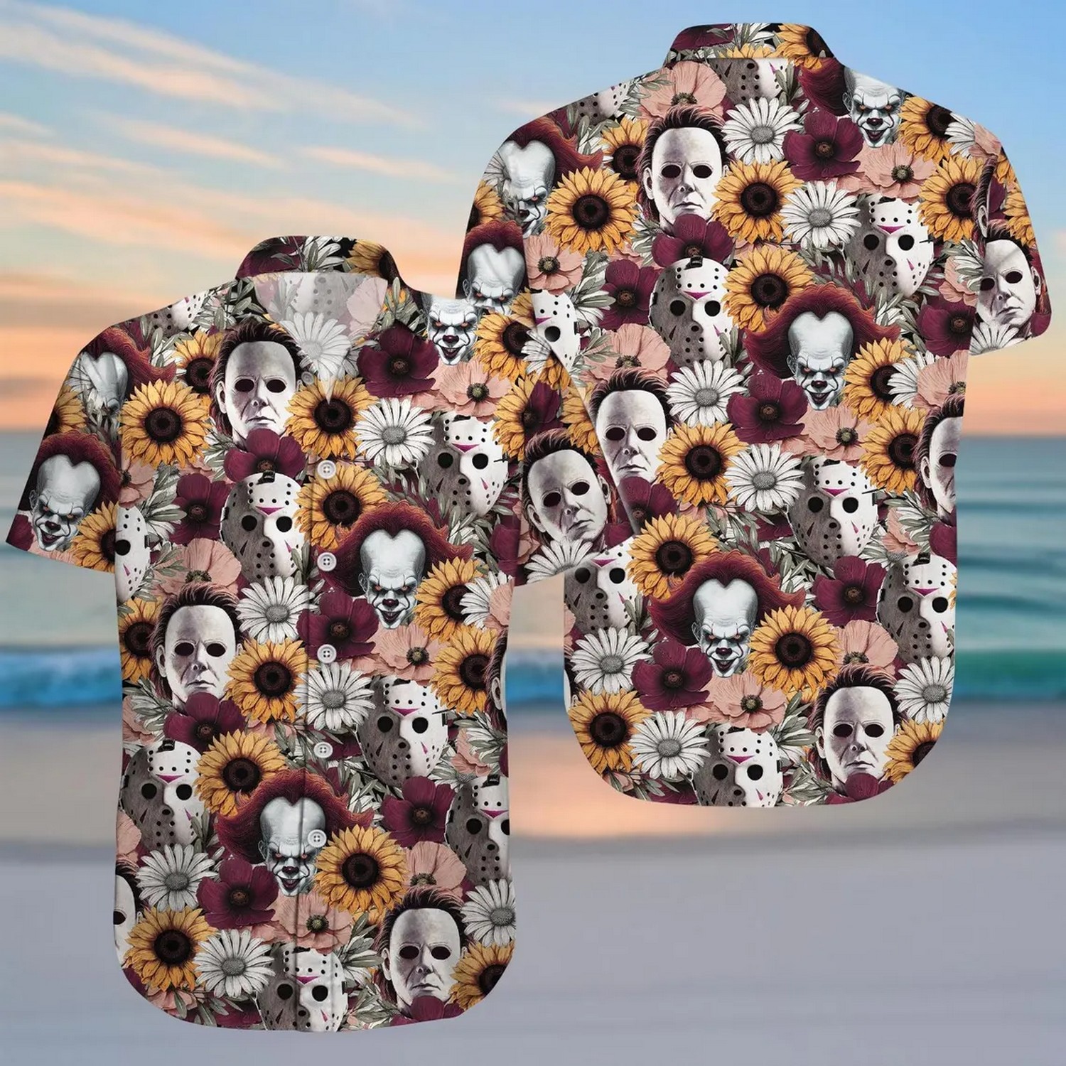 horror movie characters and flower hawaiian shirt yedrd