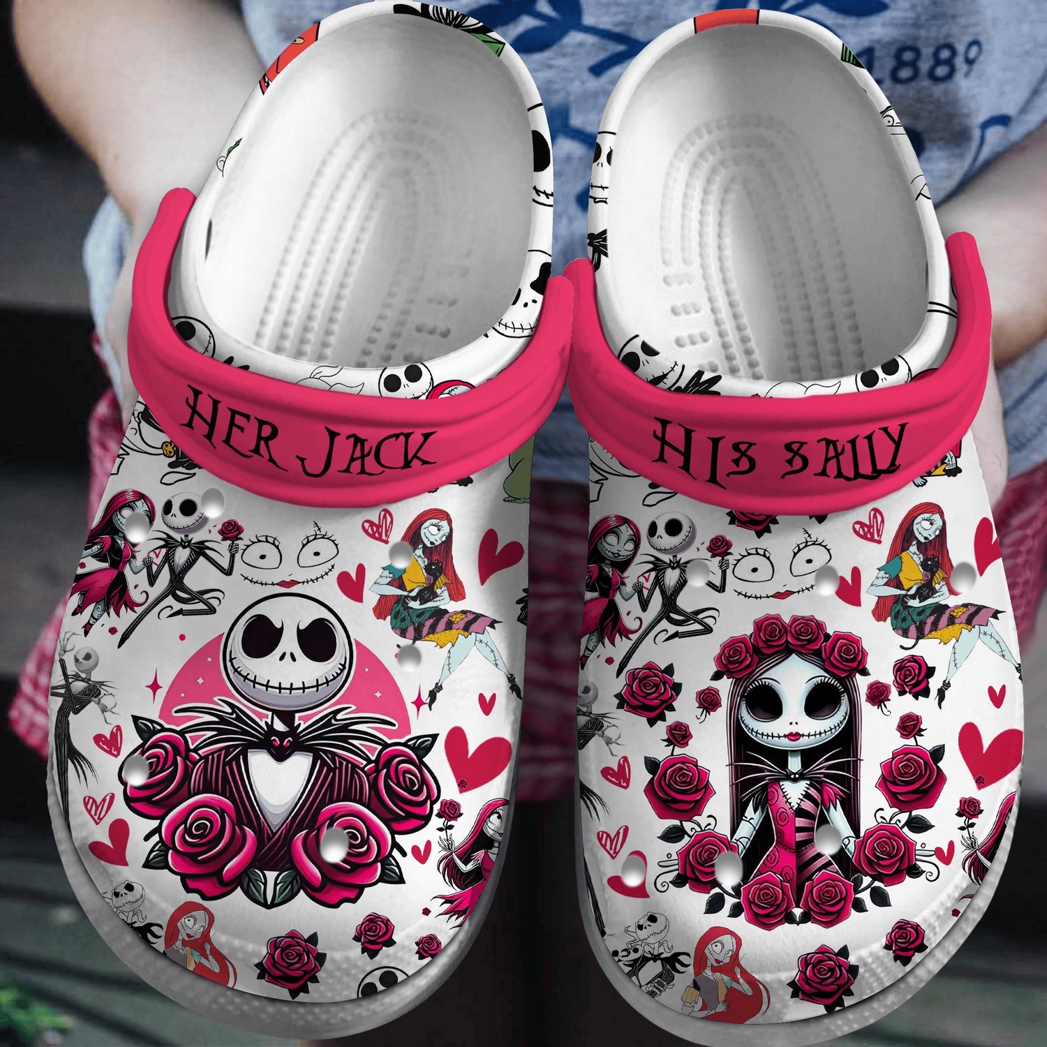 jack and sally happy halloween pink white clogs for kids and adults zeesv