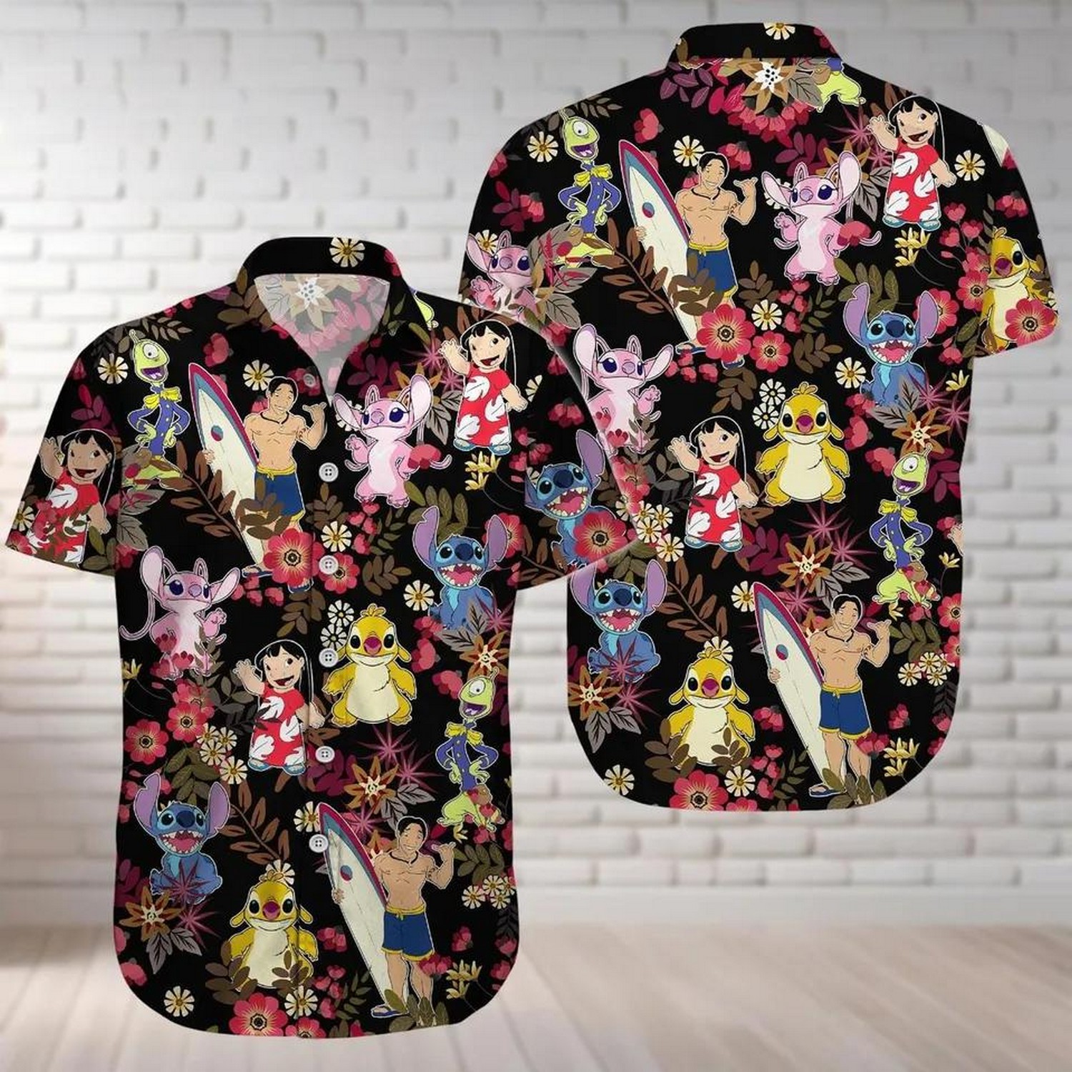 lilo and stitchh and angel flower black hawaiian shirt n9zss