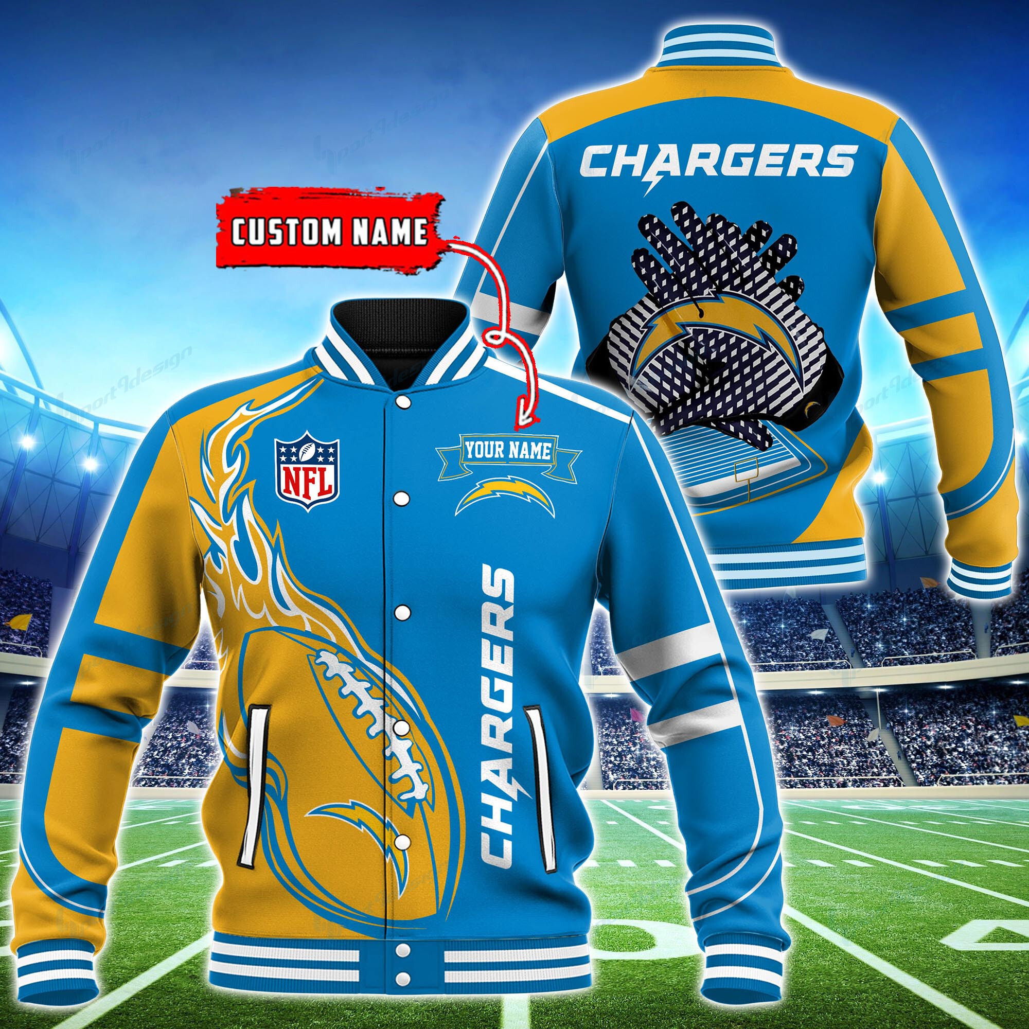 los angeles chargers personalized baseball jacket bg27 8brwc