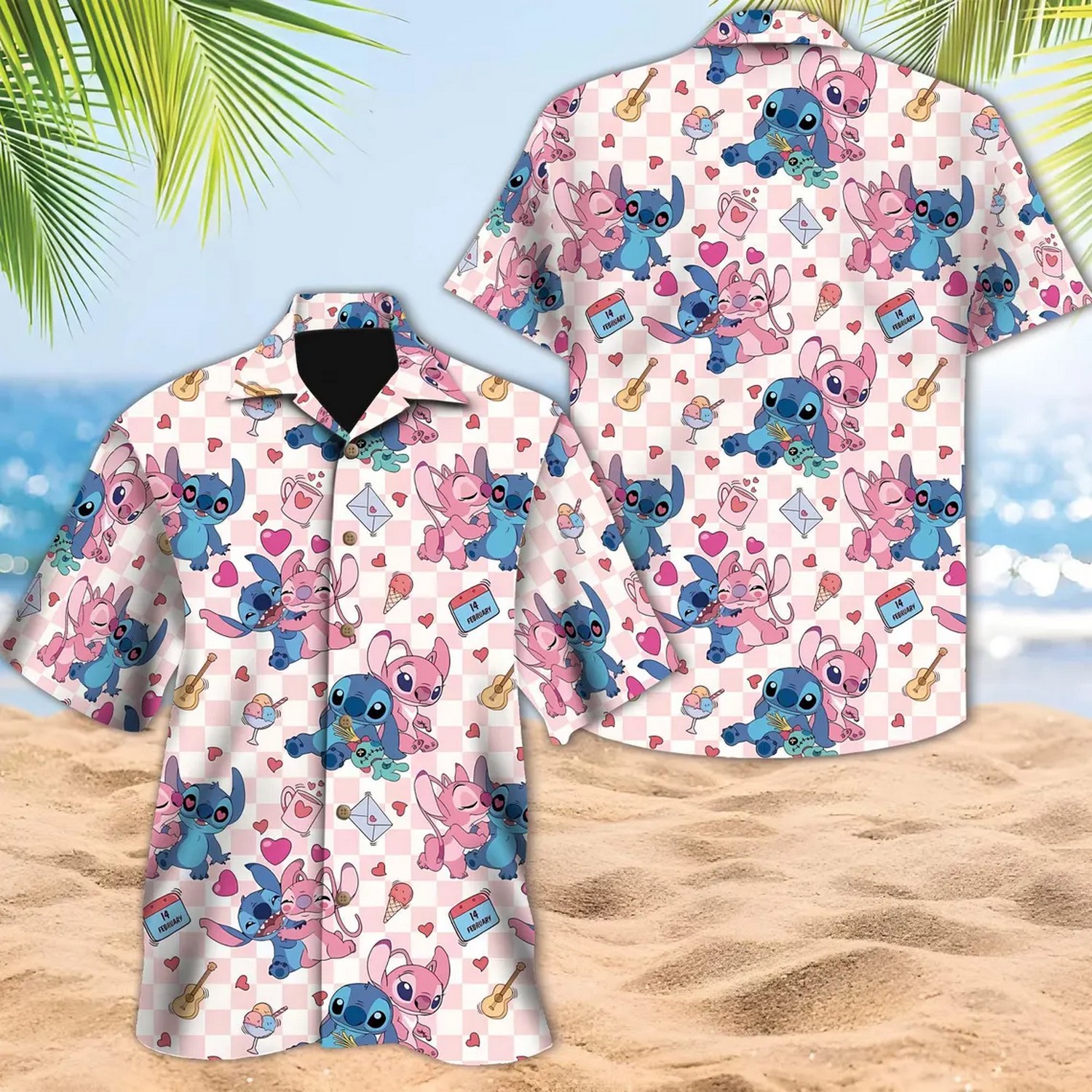 lovely couple disney stitch and angel pattern checkred hawaiian q36nl