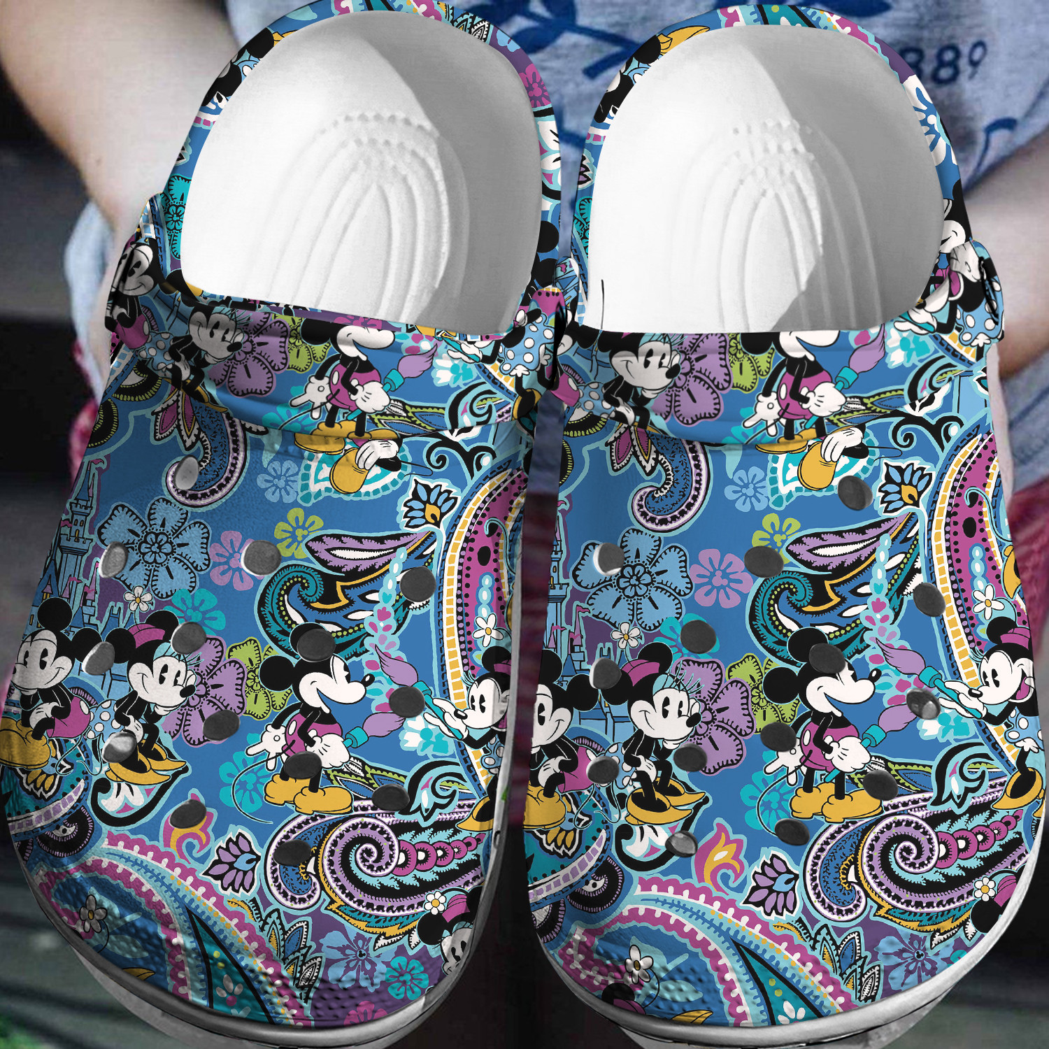 mandala pattern space mickey and minnie mouse blue clogs for kids 26 adults acakl
