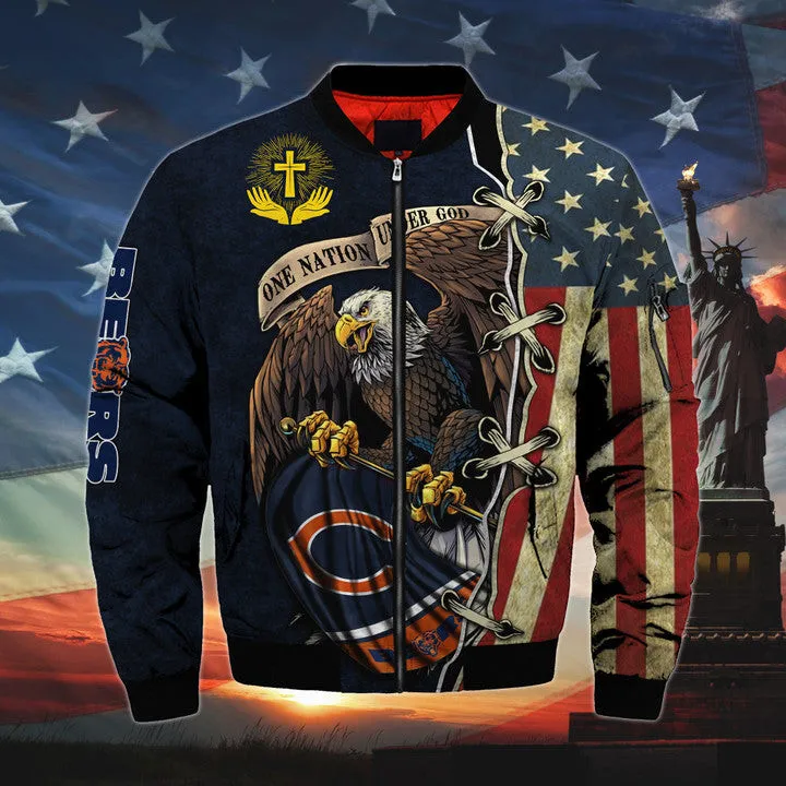 mens one nation under god chicago bears bomber jackets herx6