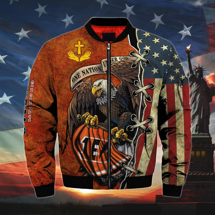 mens one nation under god cincinnati bengals bomber jackets i691e