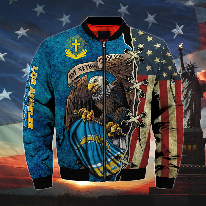 mens one nation under god los angeles chargers bomber jackets uh6rt