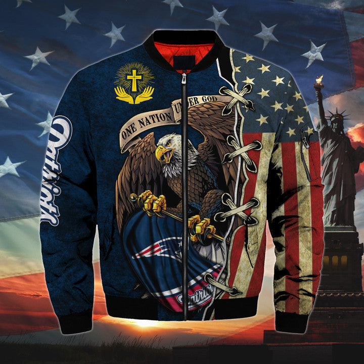 mens one nation under god new england patriots bomber jackets 7nftf