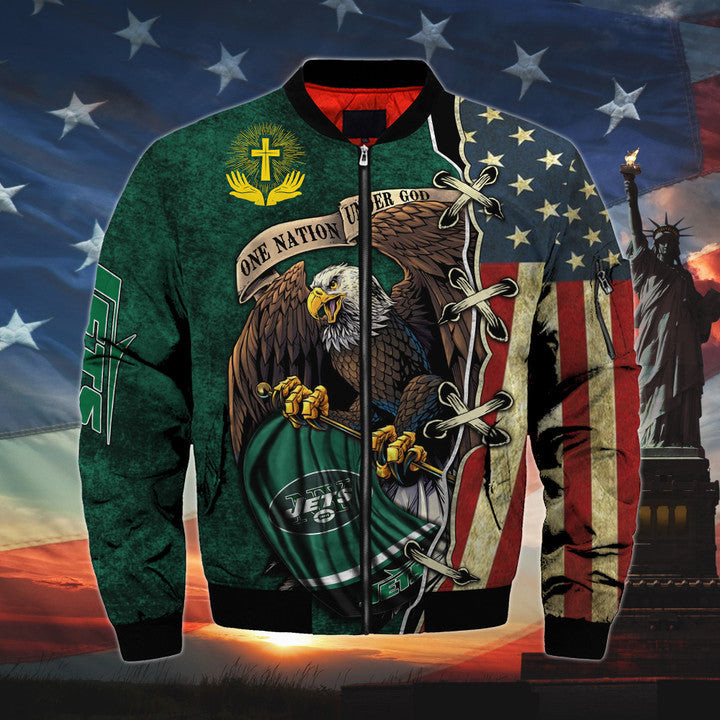mens one nation under god new york jets bomber jackets byqyx