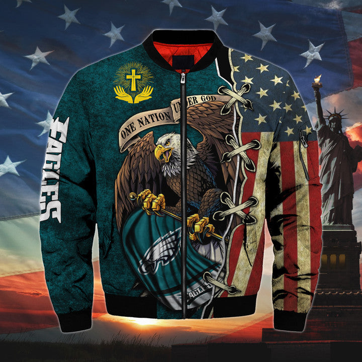 mens one nation under god philadelphia eagles bomber jackets wslik