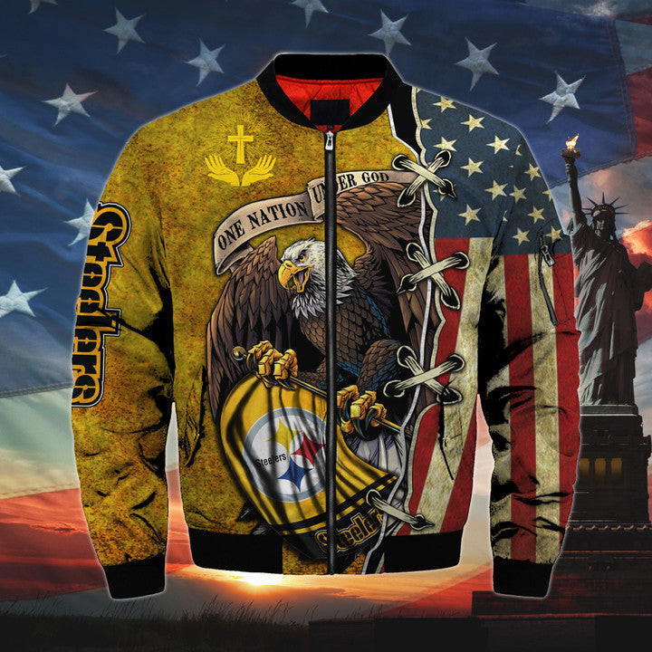 mens one nation under god pittsburgh steelers bomber jackets xr5qr