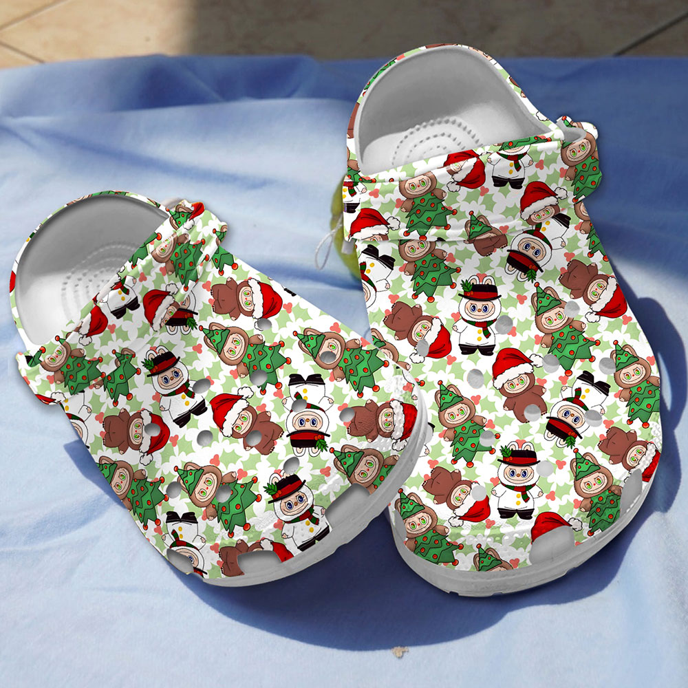 merry christmas labubu doll and pine tree pattern all over printed clogs wzpkx