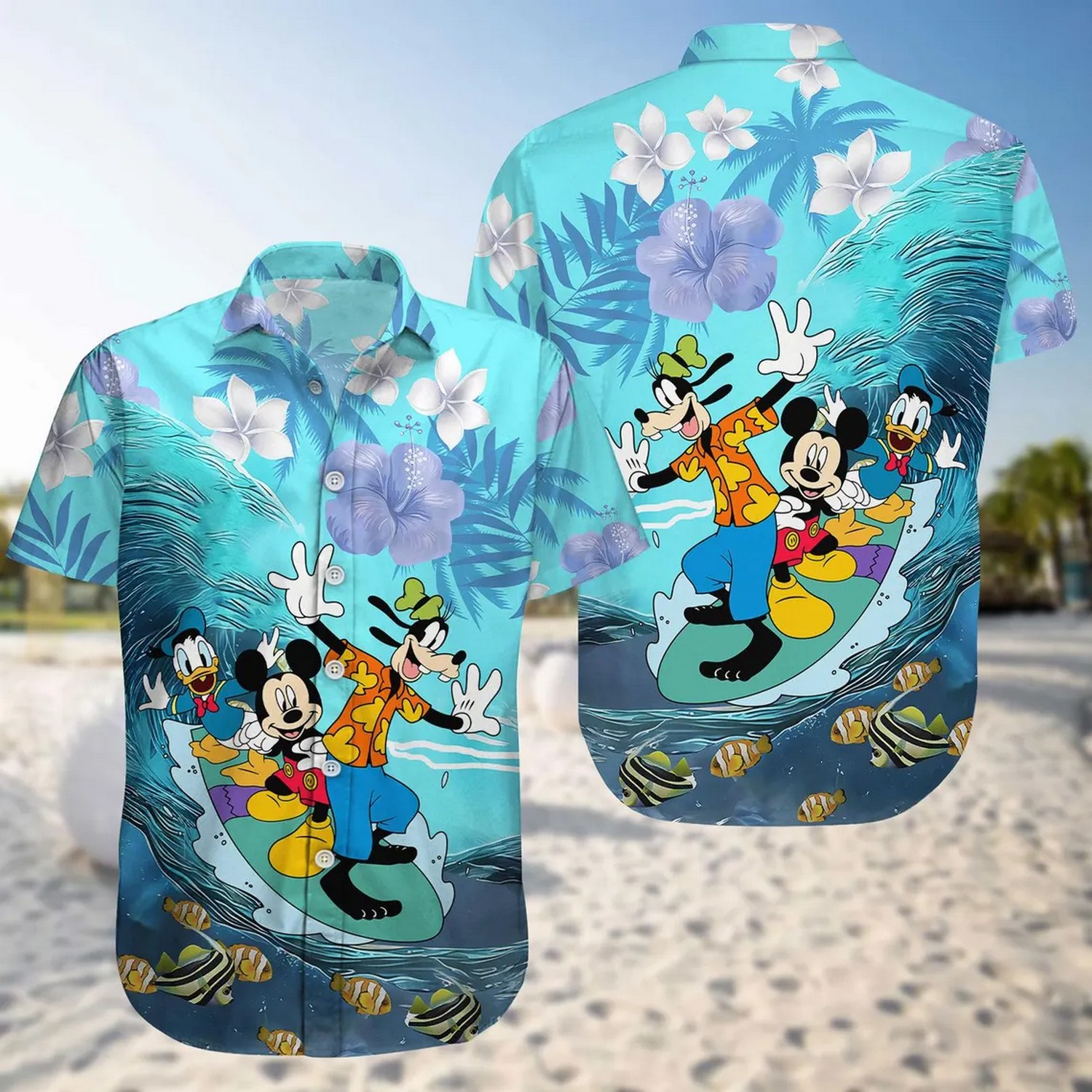 mickey donald goofy surfing ocean hawaiian shirt ywa1w