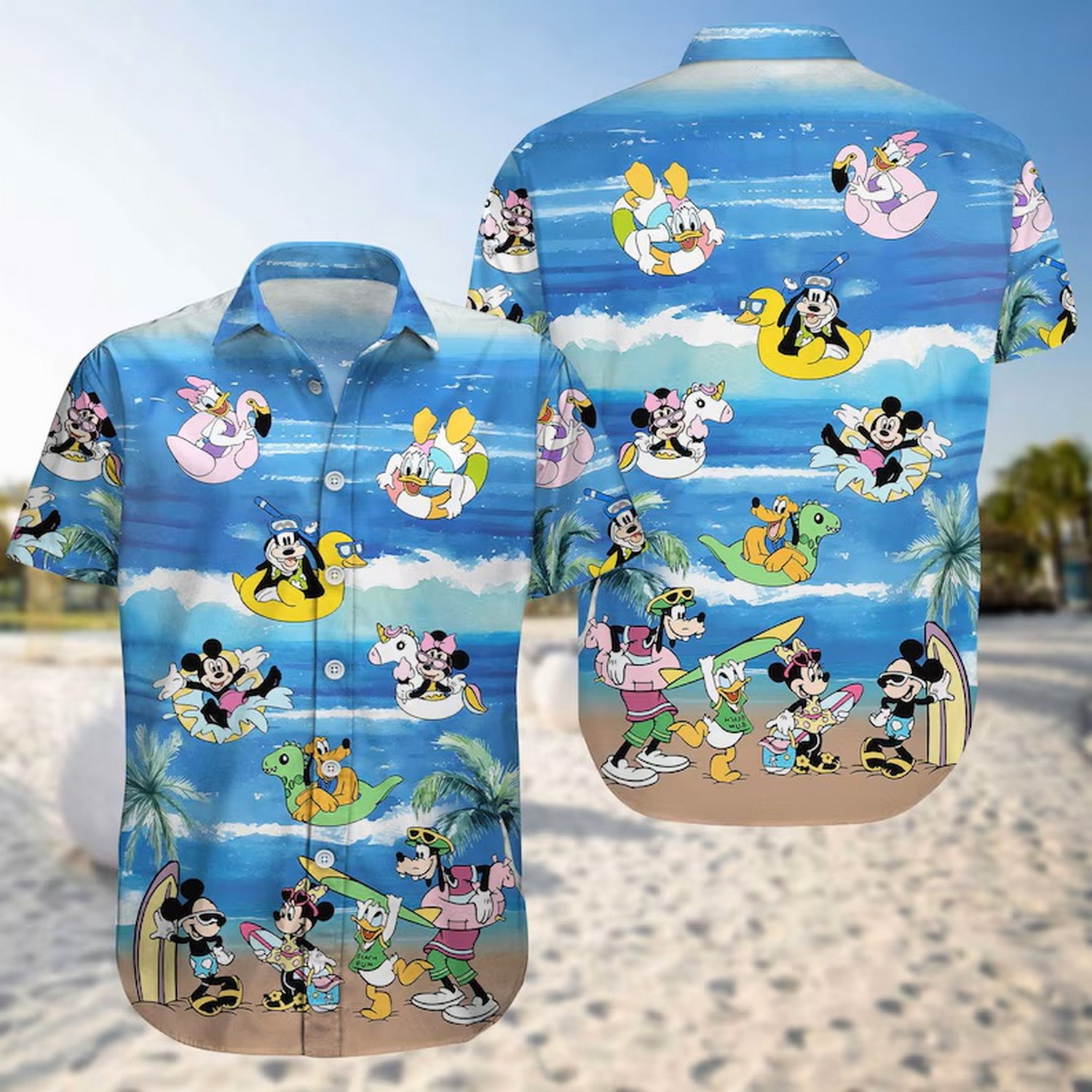 mickey mouse and frienfs swimming ocean summer vacation hawaiian shirt 75j5x