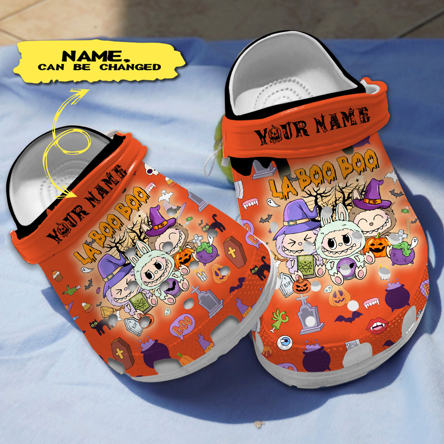 personalized la boo boo halloween orange clogs for kids 26 adults 87gjo