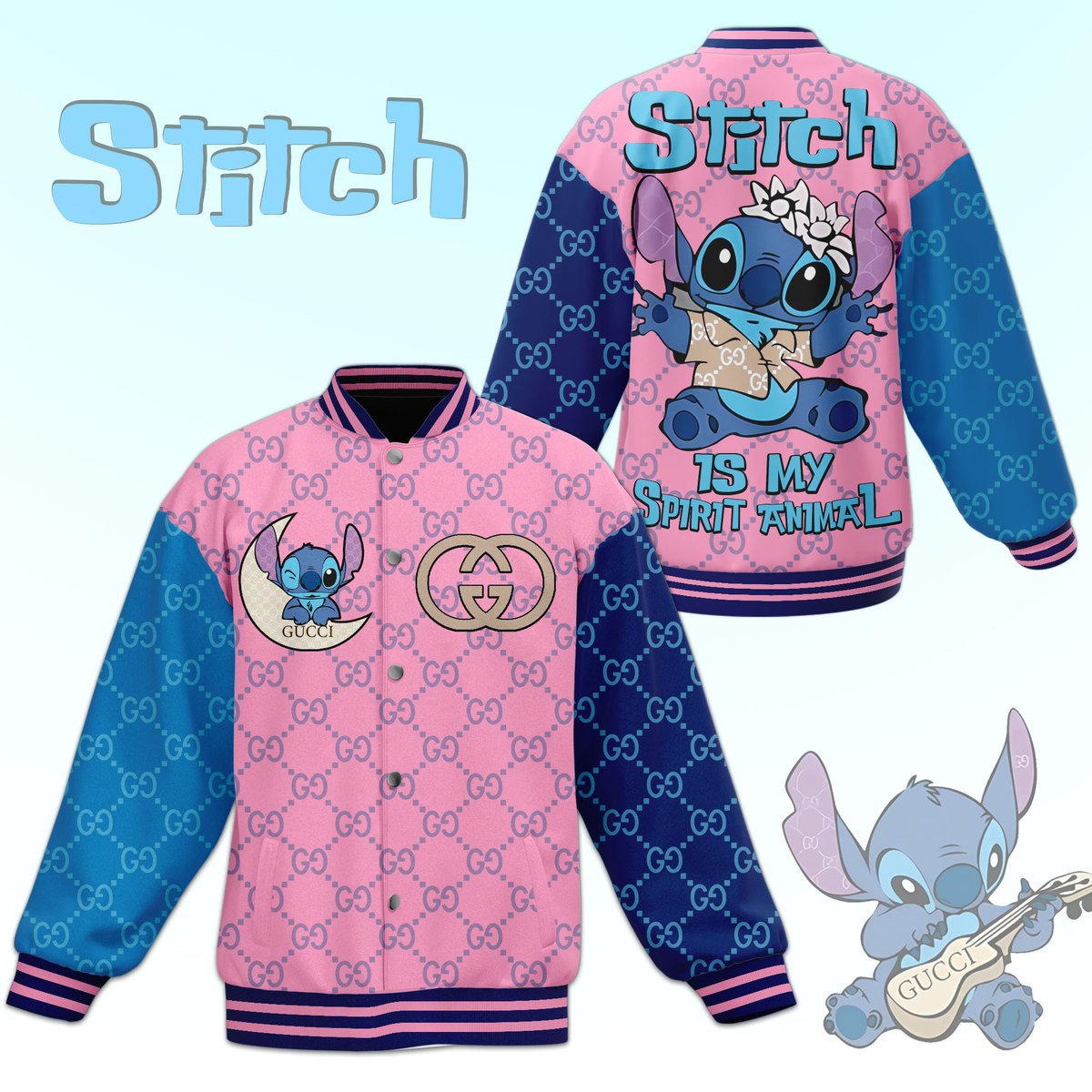 pink 26 blue stitch is my spirit animal gucci cartoon baseball jacket l3wlf