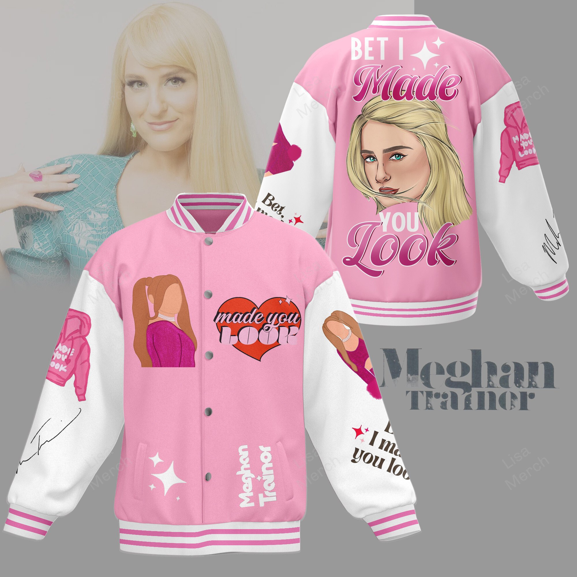 pink bomber bet i made you look meghan trainor baseball jacket j099i