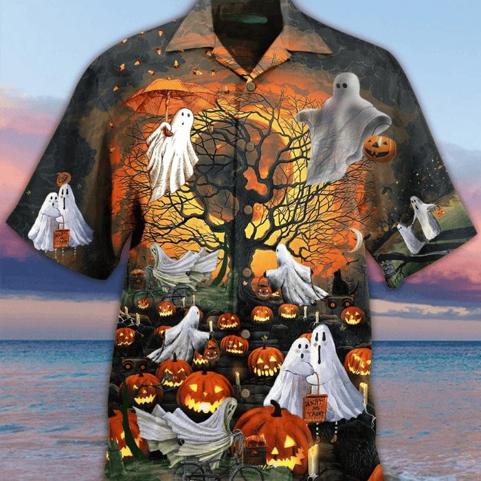 playful boo ghost at the graveyard on halloween night hawaiian shirt jivhy