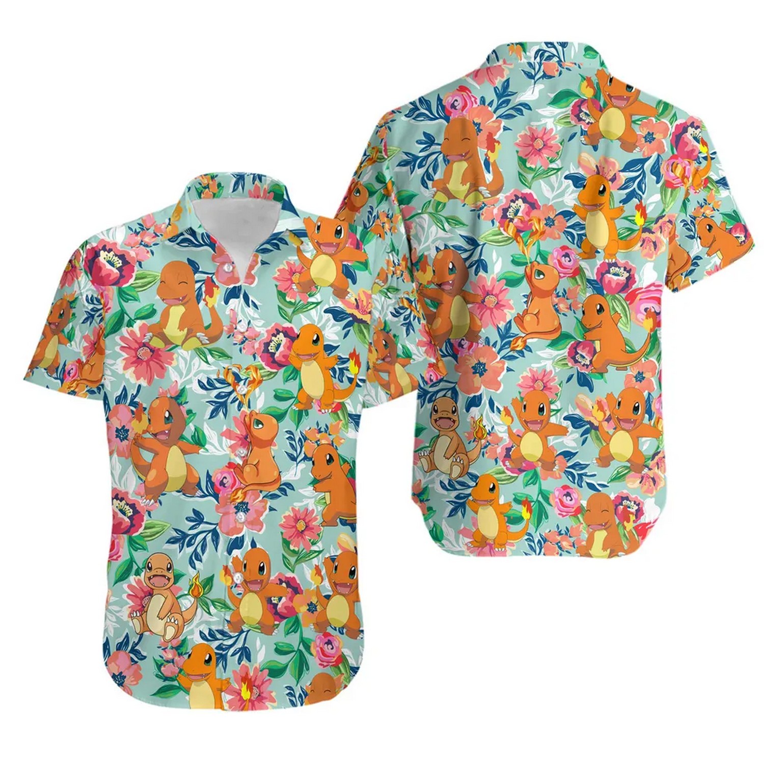 pokemon charmander and tropical flower pattern hawaiian shirt wehtj