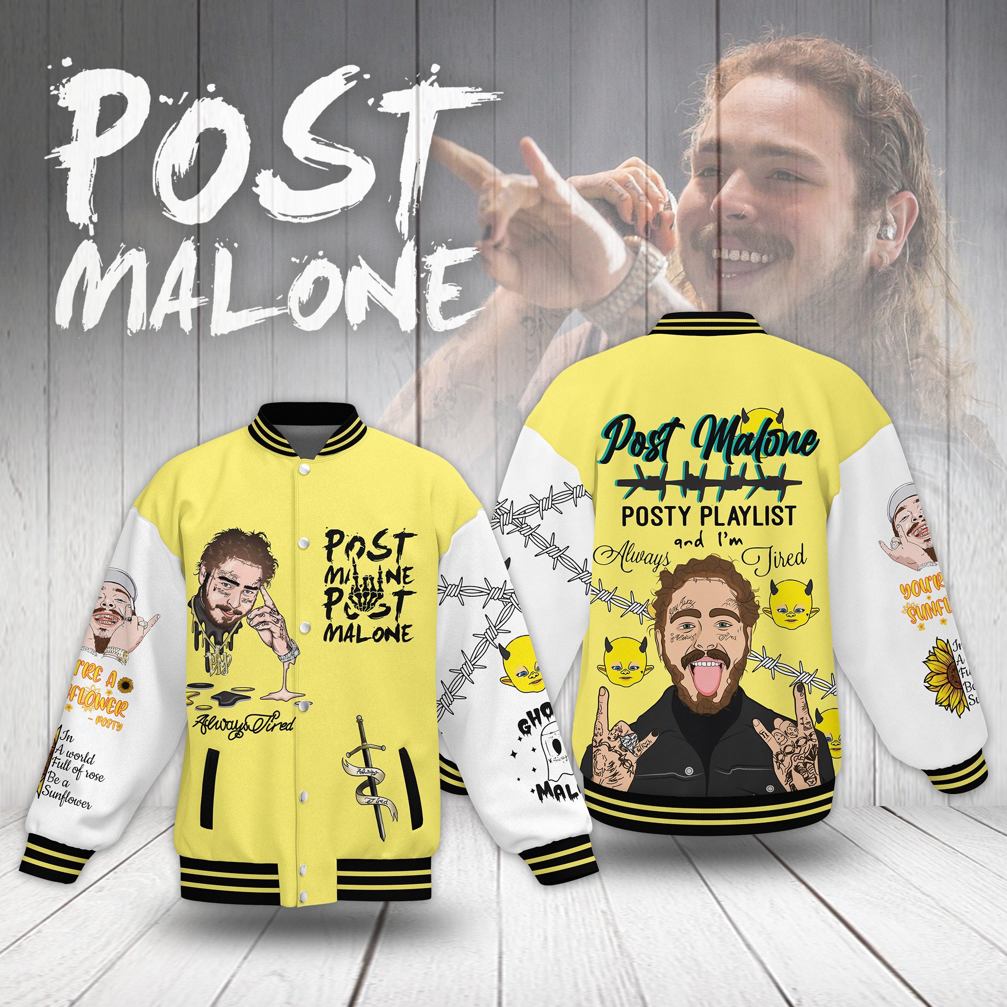post malone posty playlist yellow color baseball jacket gk5cb
