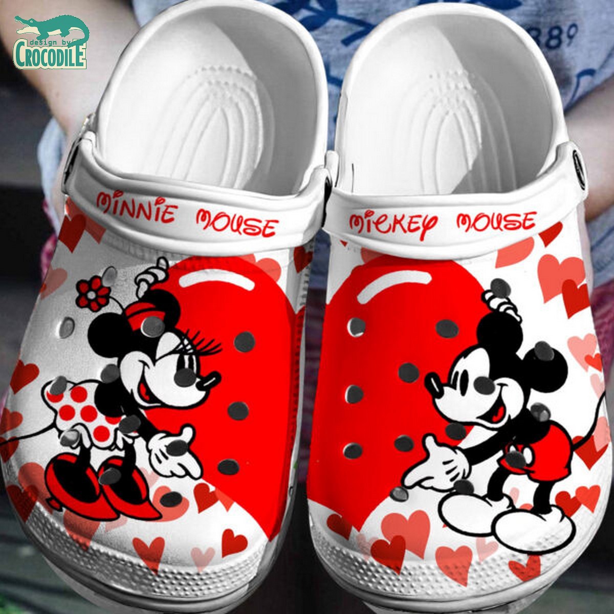 puzzle piece of heart mickey and minnie mouse white clogs for kids 26 adults 8lqoz