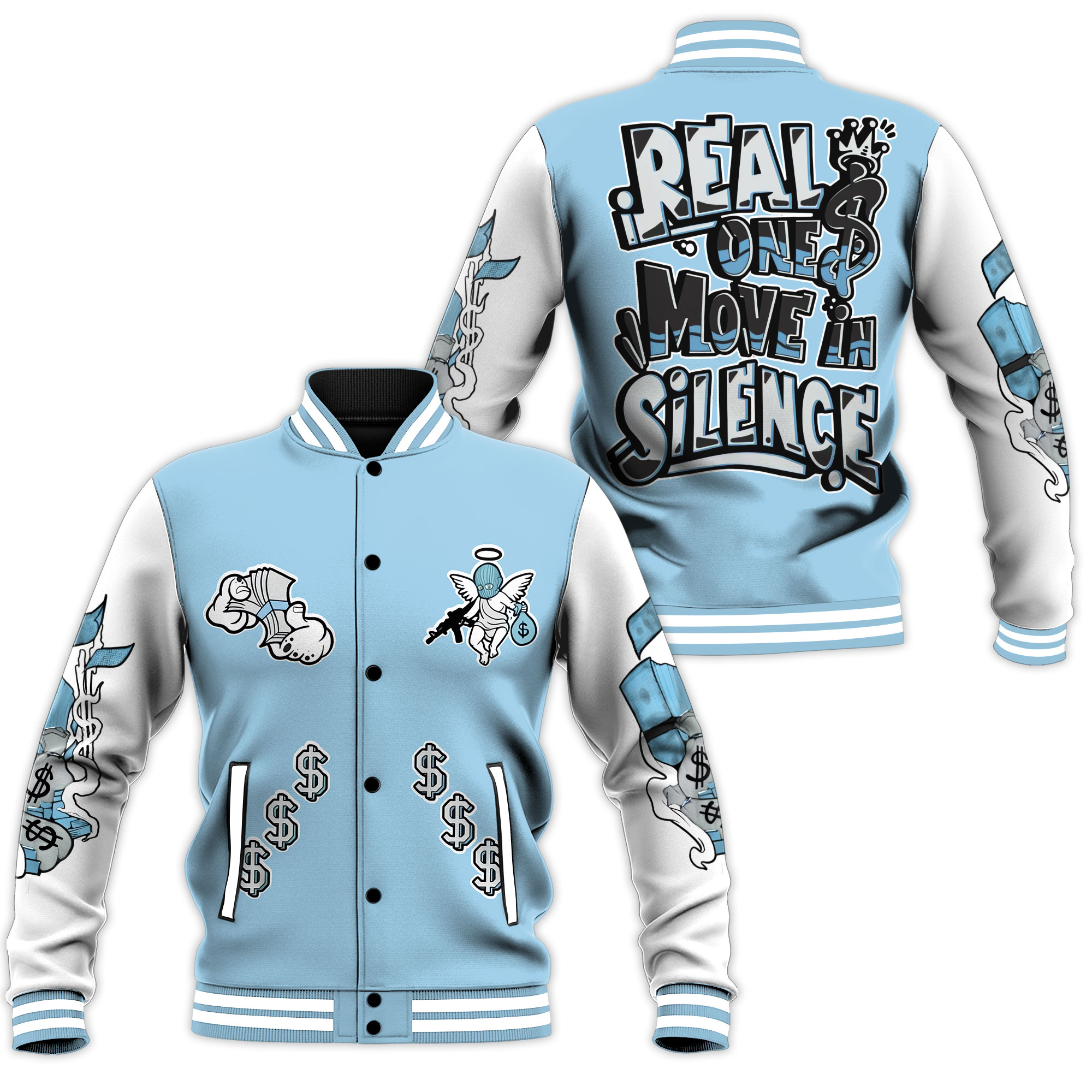 real ones move in silence money light blue baseball jacket pxqhg