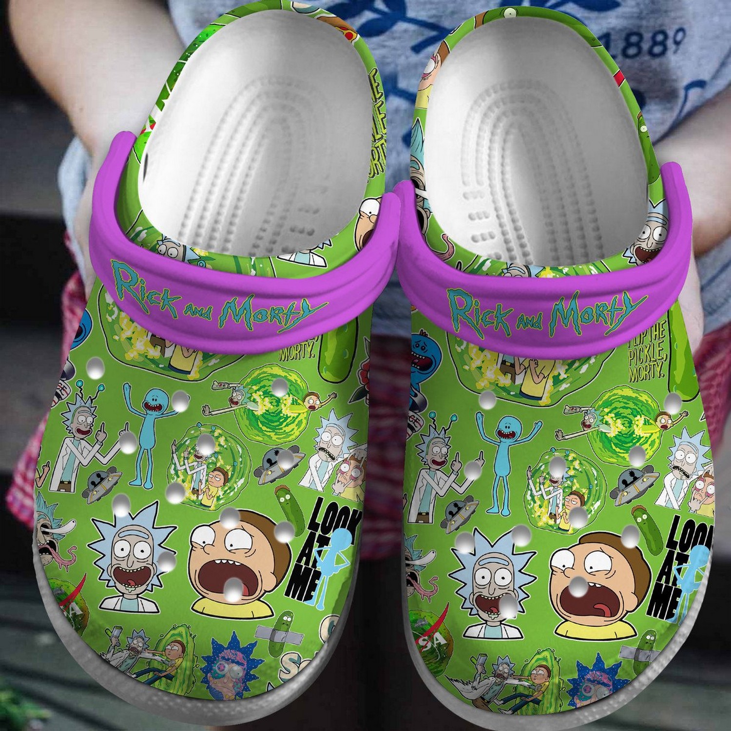 rick and morty look at me green purple clogs fast shipping service available y5qni