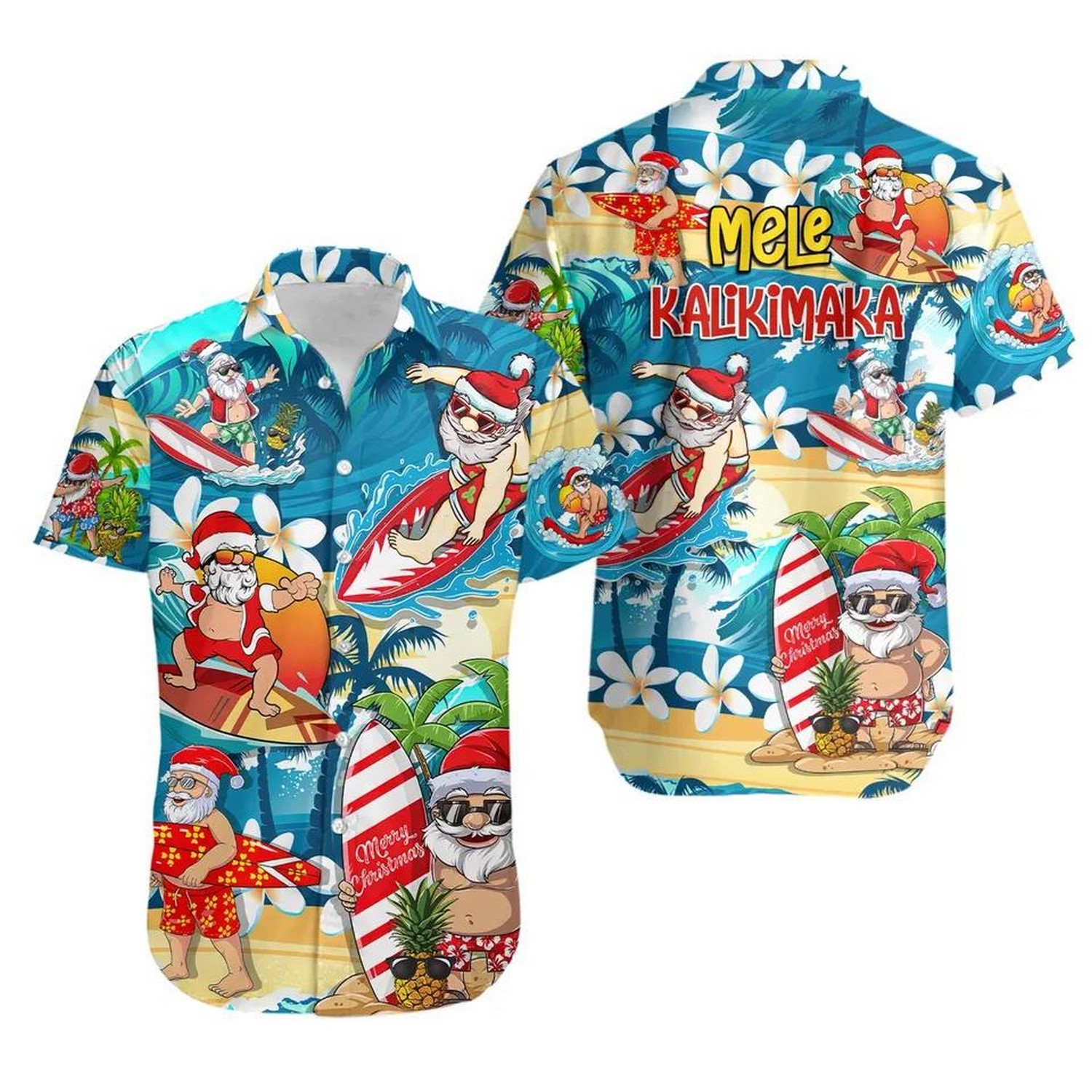 santa claus surfing on the beach mele kalikimaka hawaiian shirt elrsy