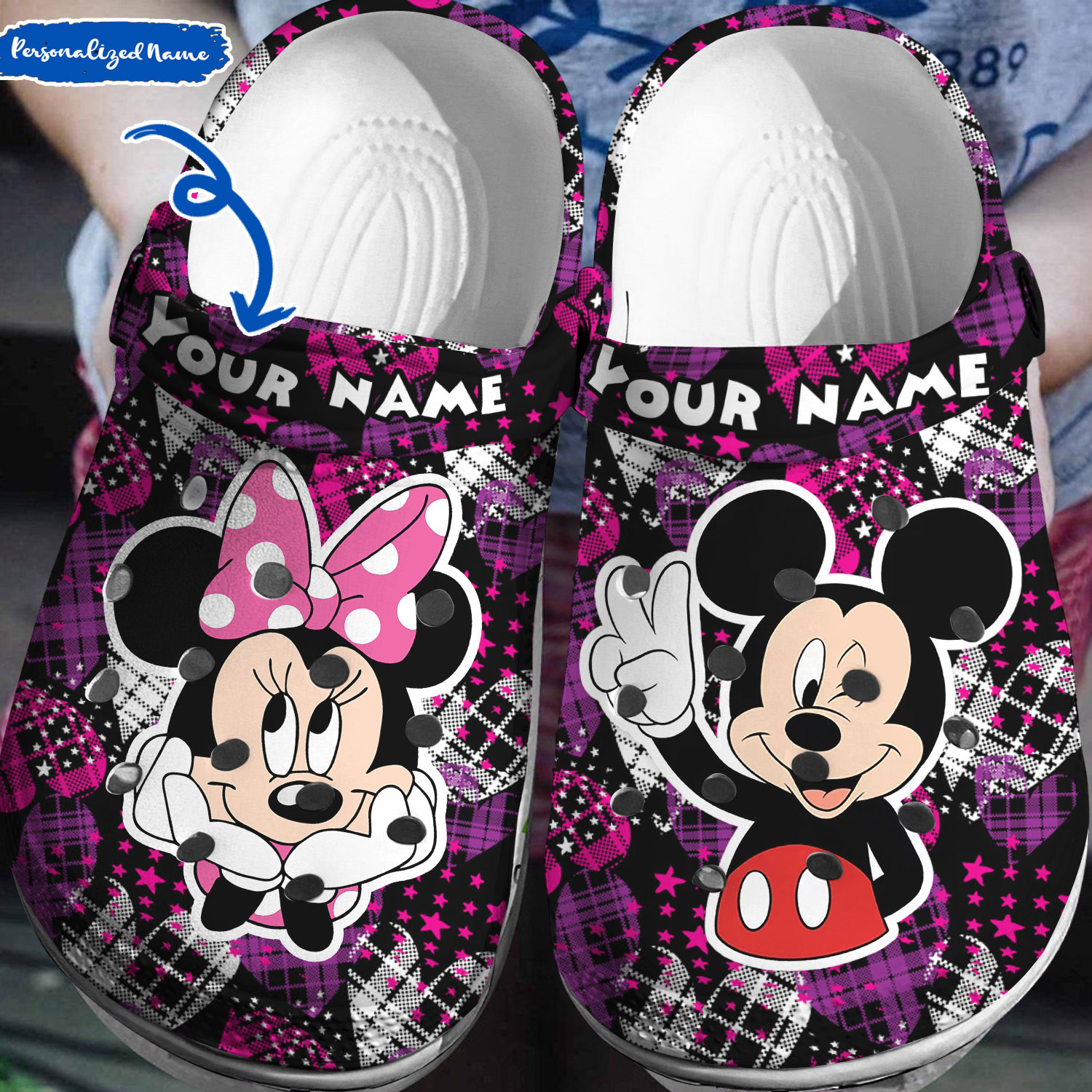 say hello mickey and minnie mouse violet plaid clogs for kids 26 adults pjpvm
