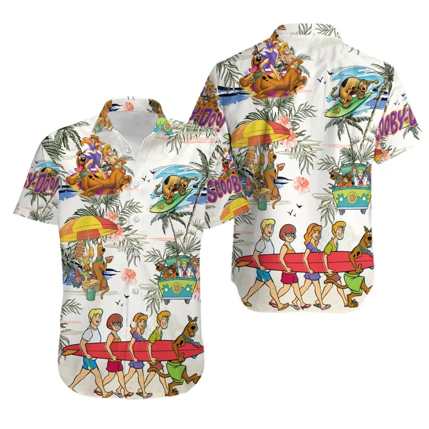 scooby doo characters go surfing on the beach hawaiian shirt vzwtp
