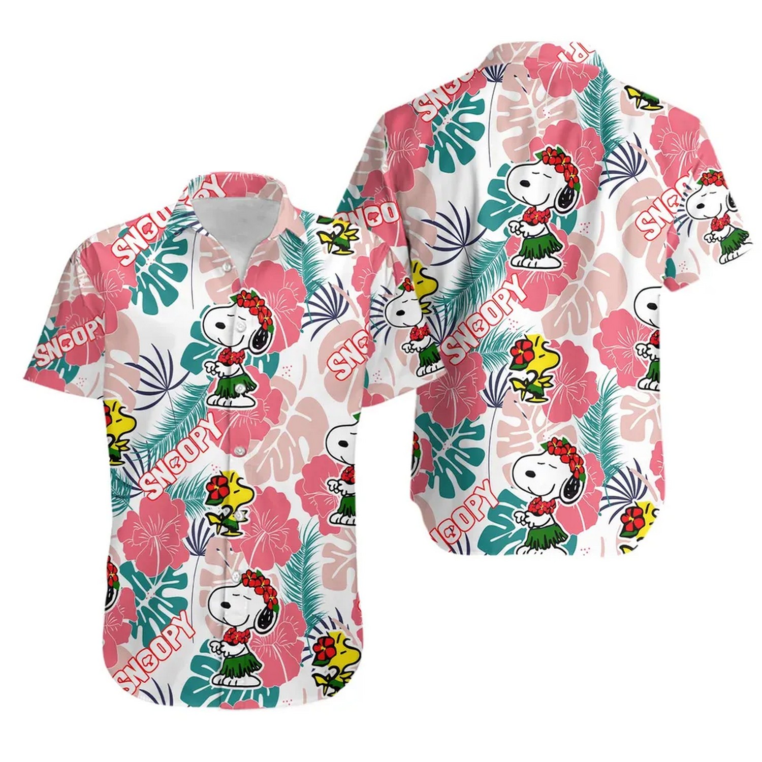 snoopy native dancing and tropical floral pink hawaiian shirt vnmiy