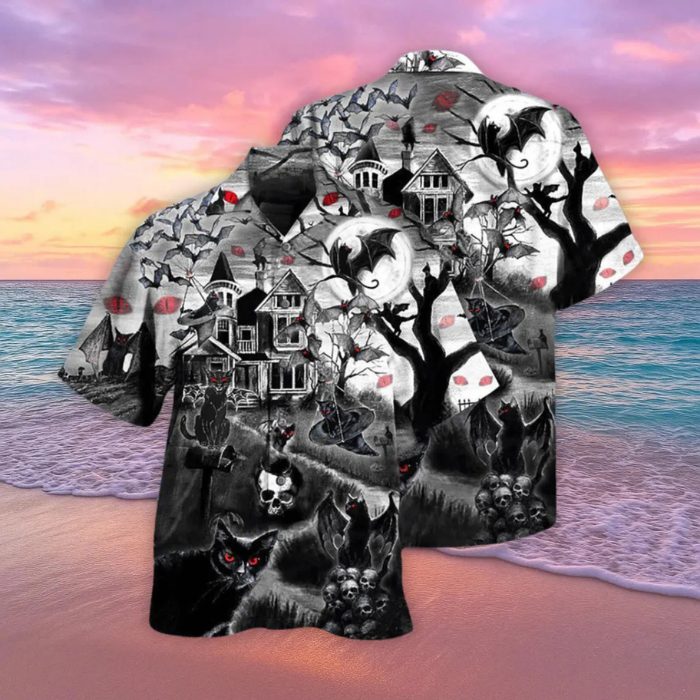 spooky haunted house halloween night hawaiian shirt oyqr8