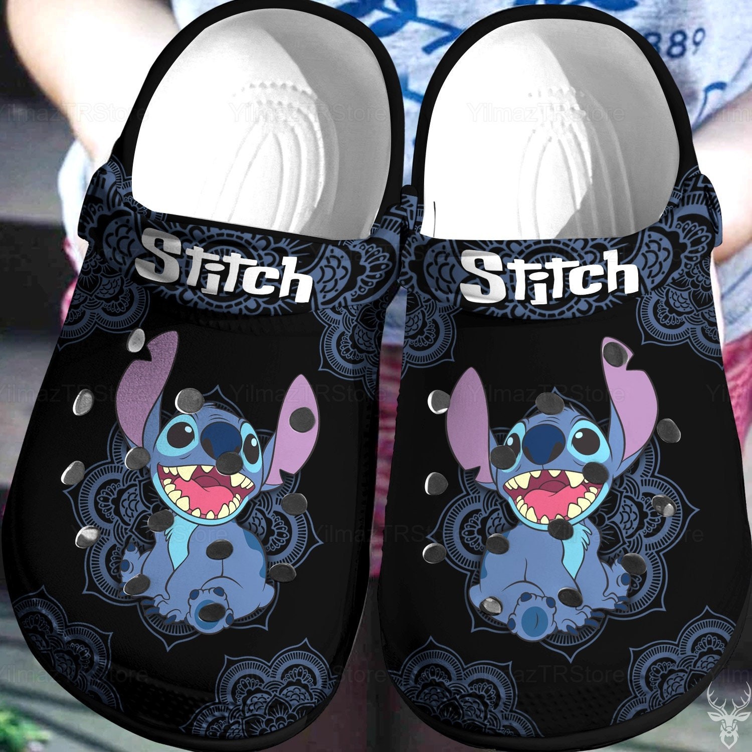 stitch and mandala pattern black clogs for kids 26 adults okurn
