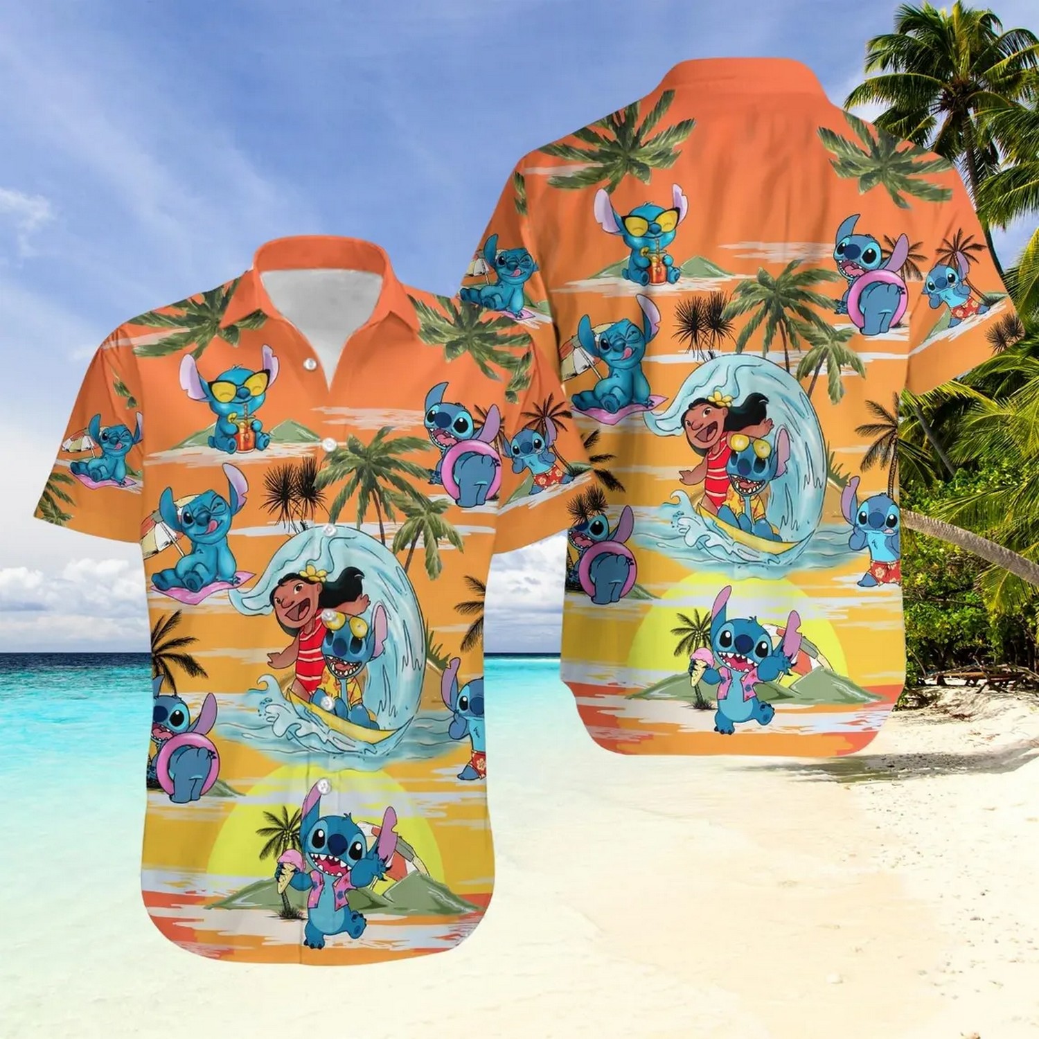 sunset lilo and stitch surfing summer beach hawaiian shirt ldxbv