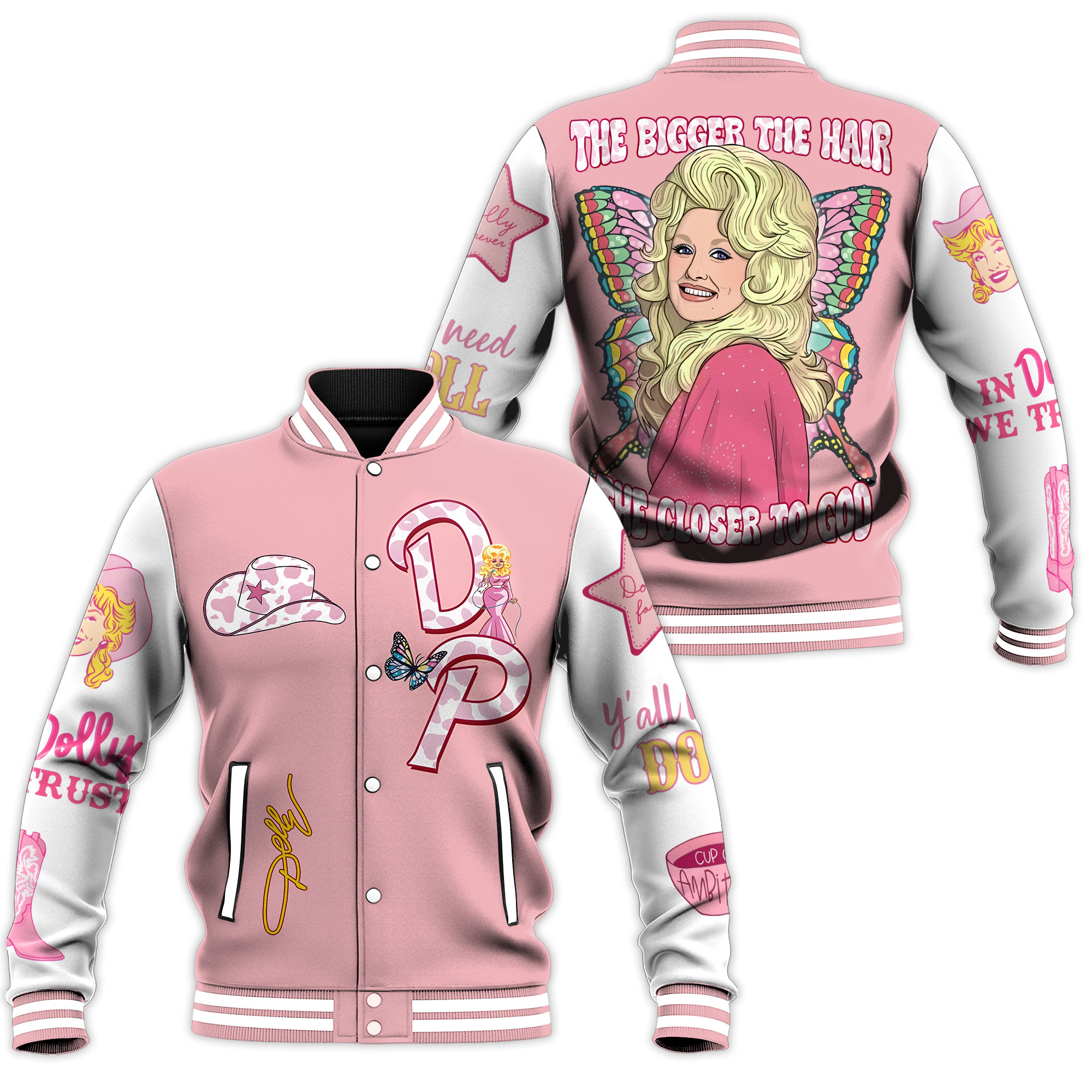 the bigger the hair the closer to god dolly parton pink baseball jacket nhgbi