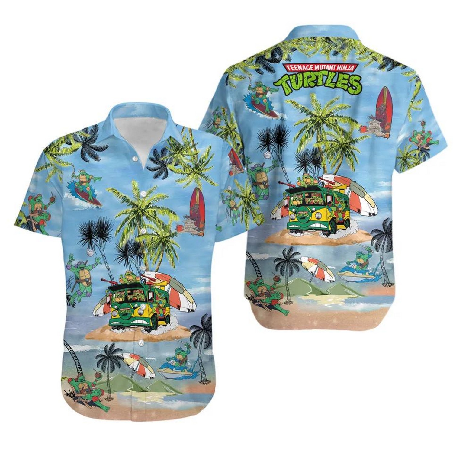 turtles teenage mutant ninja summer beach blue hawaiian shirt grvtj